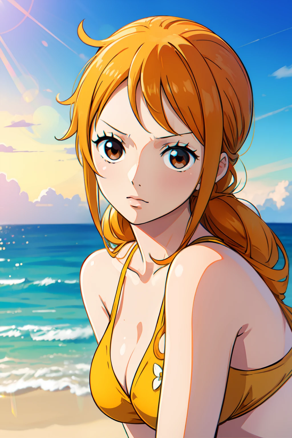 Nami of one piece, long orange ponytail hair, Beautiful brown eyes, Blushing cheeks, Wearing a bright bikini, Enjoy a sunny day at the beach. Art style is、Must resemble a captivating anime style.

About image quality, priority (Best Quality, 4K, 8K, hight resolution, masutepiece:1.2), Ultra-detailed, And (Realistic, Photorealistic, Photorealsitic:1.37) rendered. To enhance visuals, Add HDR, nffsw, Studio Lighting, Ultra-fine painting, Sharp Focus, Physically-based rendering, extreme detail description, Professional, Vivid colors, and bokeh.

Capture the essence of Nami's adventurous spirit and picturesque beach scene, Try to highlight the vibrant colors and warm sunlight in your artwork. Lighting should be soft, A dreamy atmosphere that enhances Nami's beauty.

disclaimer: This prompt includes、It includes、It includes、It includes、It includes、May contain NSFW elements by bikini mention. Make sure you comply with the guidelines and requirements.

Remember, Do not add explanations or sentence fragments to prompts. Stable diffusion prompt、Provides directly without additional prefixes or punctuation.校服