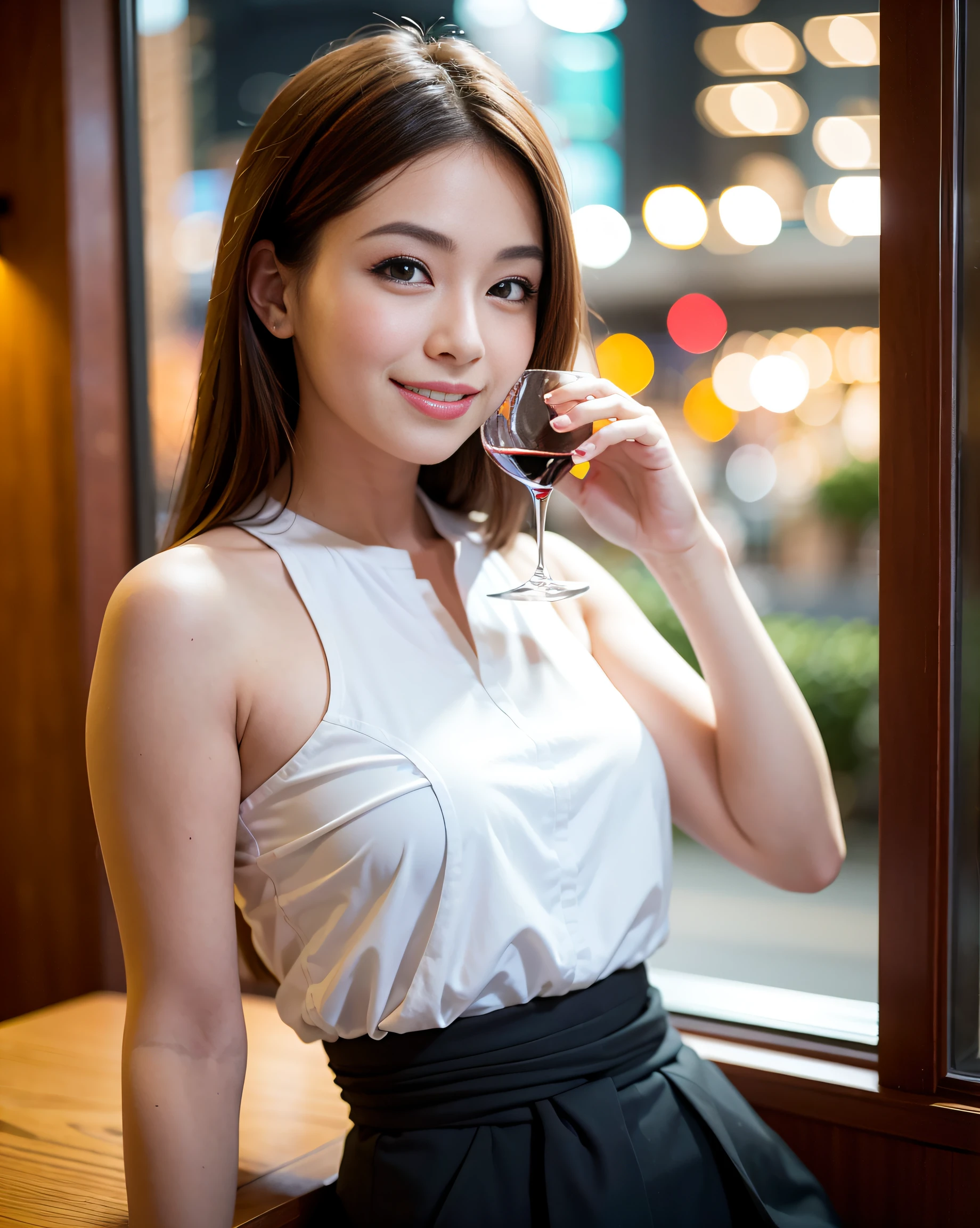 (64K, UHD, top quality, masterpiece: 1.2), (realistic, photorealistic: 1.37), super detailed, pretty woman 1 person, (slim face), (slim body), (brown hair), (short cut), cheeks slightly blushing, (44 years old), 38 years old, solo, beautiful detailed urban night view outside the window, restaurant, wine glasses sit, at night, in a prominent placeNovaFrogStyle, Actress, Model, Waist Up, White Wine, Slim, Wine Glass, Super Clean Night View, Wine Glass Put in the Middle, Happy Smile, (Smile: 1.15), Beautiful Fine Eyes, Upper Body, Bust Japan Up, Night, Short, Short, Actress, Model, Waist Up, White Wine, Slim, Wine Glass, Super Clean Night View, Wine Glass Put in the Middle, Happy Smile,