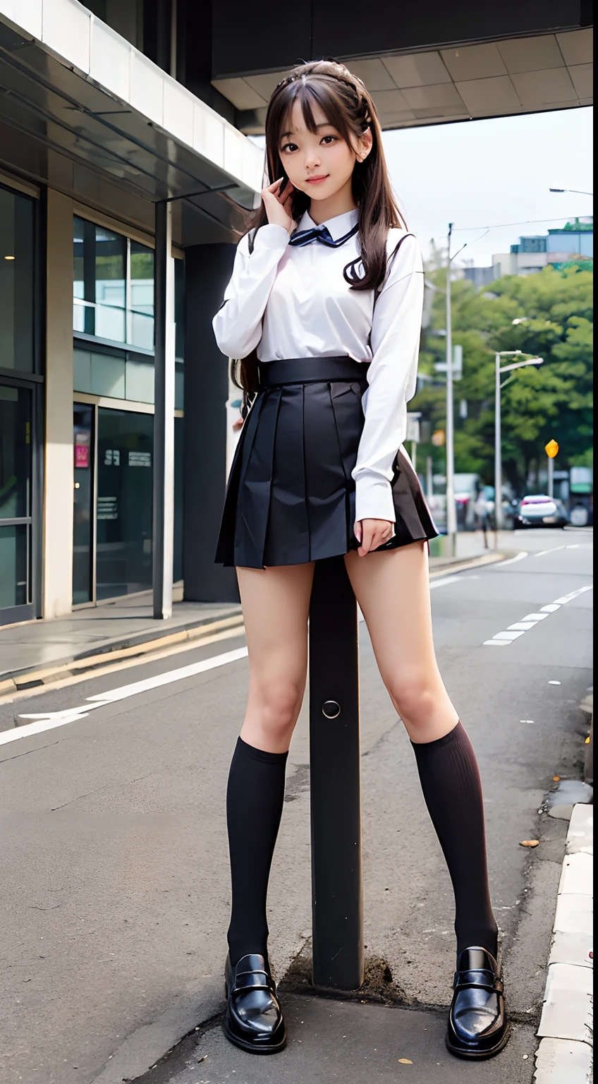 zydG, 1girls, Front view, stand,looking away, (from below),brown-eyed, (Ponytail with bangs:1.2), (medium breasts:1.4), embarrassed, blush, (photorealestic:1.4), (Top image quality:1.0), (UltraHighResolution:1.0), 8K, Raw photography, (A masterpice:0.2), (school uniform), (plaid skirt),(panty shot),skirt lift, garter belt, white panties,(sweat, wetty:1.1), portlate, facefocus,ful body,(pureerosface_v1:0.5),in the park,