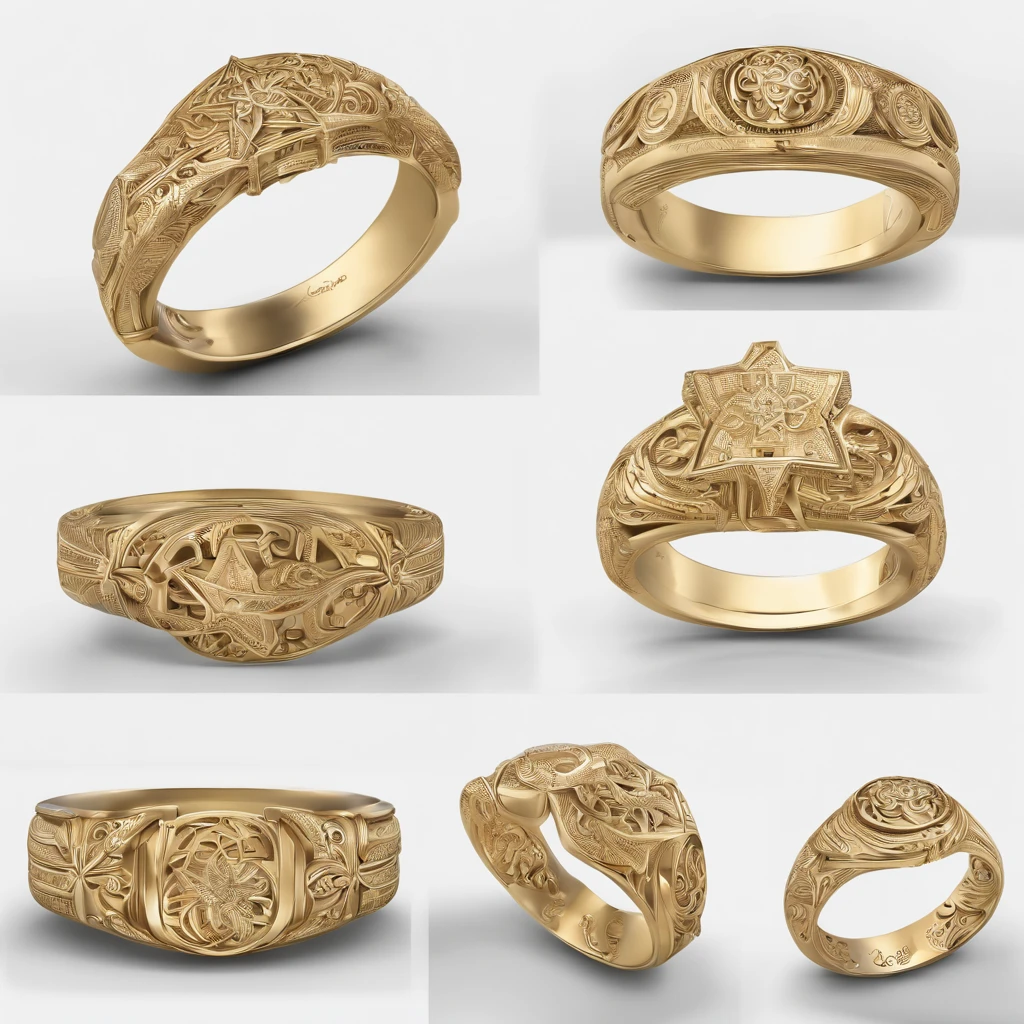 ((Ring design concept art)),Yellow gold ring,(Ring concept blueprint),((Wavy rings)),Engraved with a five-pointed star,(exquisite craft),Hemming,Natural sunlight,Shining Effect