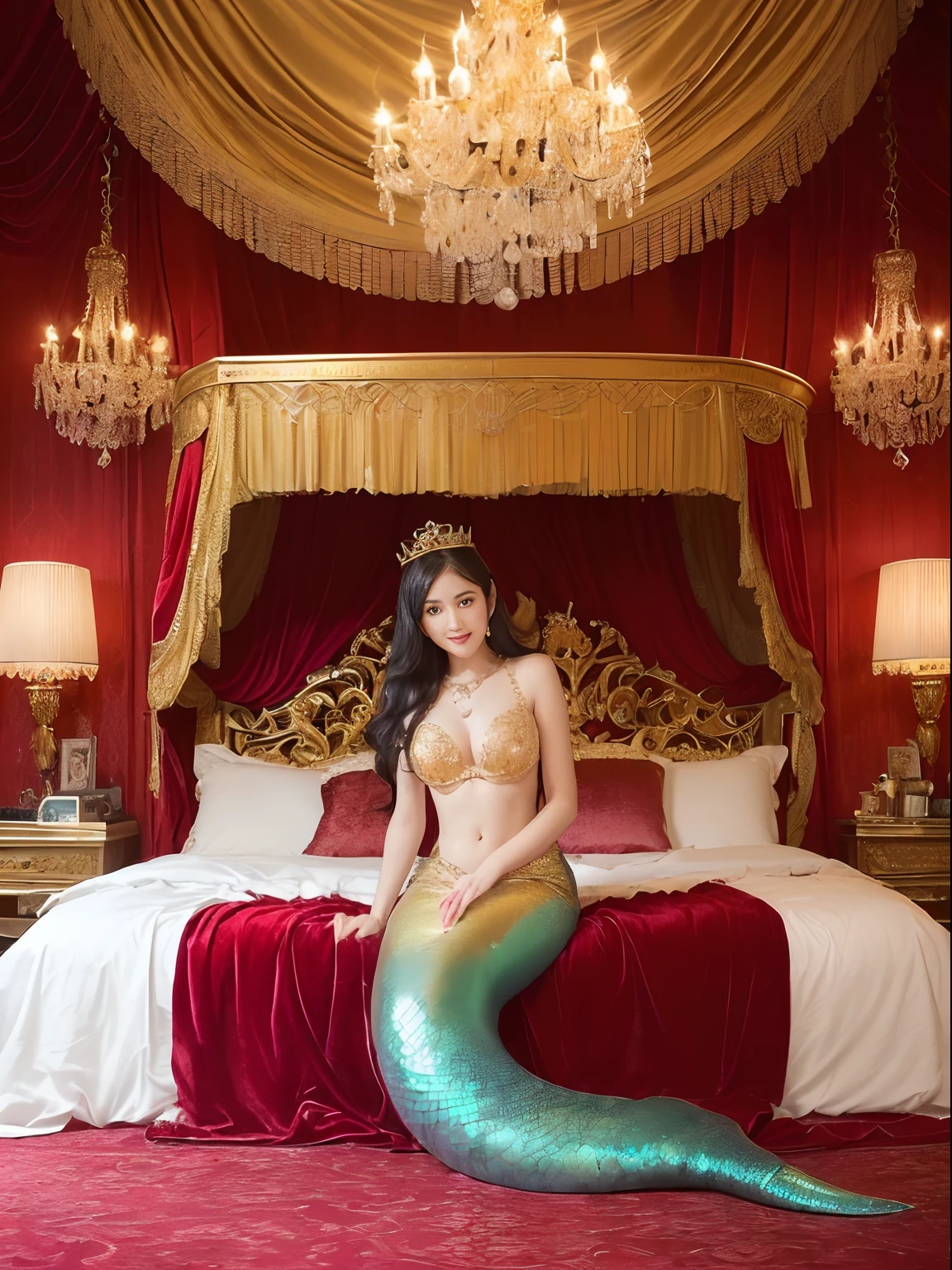 (((mermaids,Fine-grained scale,Realistic scale,Complex scales,Scales that reflect light,Smooth shining scales,Very finely drawn scales,Detailed scale,Glowing scales,Iridescent scales,Arm scale gradation,Scales on the arms,the presence of scales on the arms,,,Stomach scales,the presence of scales on the stomach,,,The border between skin color and scales is a gradient.,Gradation of scales and skin,Skin color to Xu々Turning to the scale))),(((Expensive VIP room in a gorgeous royal family,Princess Room,The most gorgeous room,Red&Gold Room,Red and gold background,Sit on the king's bed,Luxuriously furnished beds,Sit on the most gorgeous bed,Huge bed,Complete interior of luxurious royal bedrooms,Everything is a gorgeous background,Luxuriously furnished beds,Large room,Detailed chandelier,Luxury beyond imagination,Inside the Royal Palace, The most gorgeous decorations in the world,Room decorated with many ornaments, ornate decorations,Dazzling light, Golden decoration,gorgeous decoration、Embroidered crimson velvet,Beautiful canopy、very elegant,High ceiling with crystal chandeliers suspended))),((Photorealistic Little Mermaid,slender and large breasts,Japan with black hair,The face of the Japan idol,A big smile staring at the camera,Beautiful age girl,The most beautiful faces in Japan,Sexy Girl,large full breasts, Chest that looks like it's going to burst, Emphasis on the chest, Very fine detail,Her whole body is shown.,You can also see her tail)),((Princess Costume,A bra with lots of fine jewelry,intricate bra,Complex necklaces,Big necklace,The whole body is decorated with fine jewelry,Golden decoration,Golden decoration,large full breasts,Giant Tiara)),((extremely realistic face,intricate face,Beautiful expression,Smiling face at the camera)),(The most realistic and complex backgrounds,the complex background,Highly detailed and realistic backgrounds,))Top image quality,8K,SLR Camera Photography,professional photograpy,Realistic quality