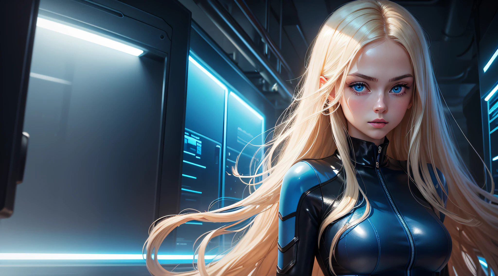 Close-up of her face in the middle of the image a Russian girl with long blonde hair and gorgeous blue eyes with a tight blue leather jumpsuit walking on a very dark background illuminating only the futuristic neon blue server room, ultra realist