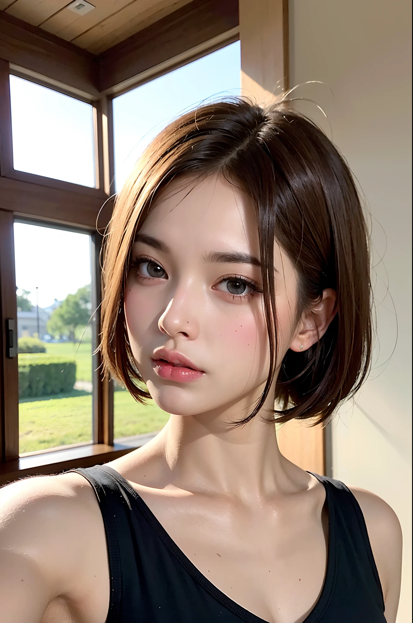 ((Best Quality, 8K, masutepiece :1.3)), 1girl in, Pretty Japan woman emphasizing slender abs :1.3, (Random hairstyles, Huge breasts :1.2), Short hair, Casual Outfit :1.2, Indoor, Ultra-detailed face, Detailed eyes, 二重まぶた