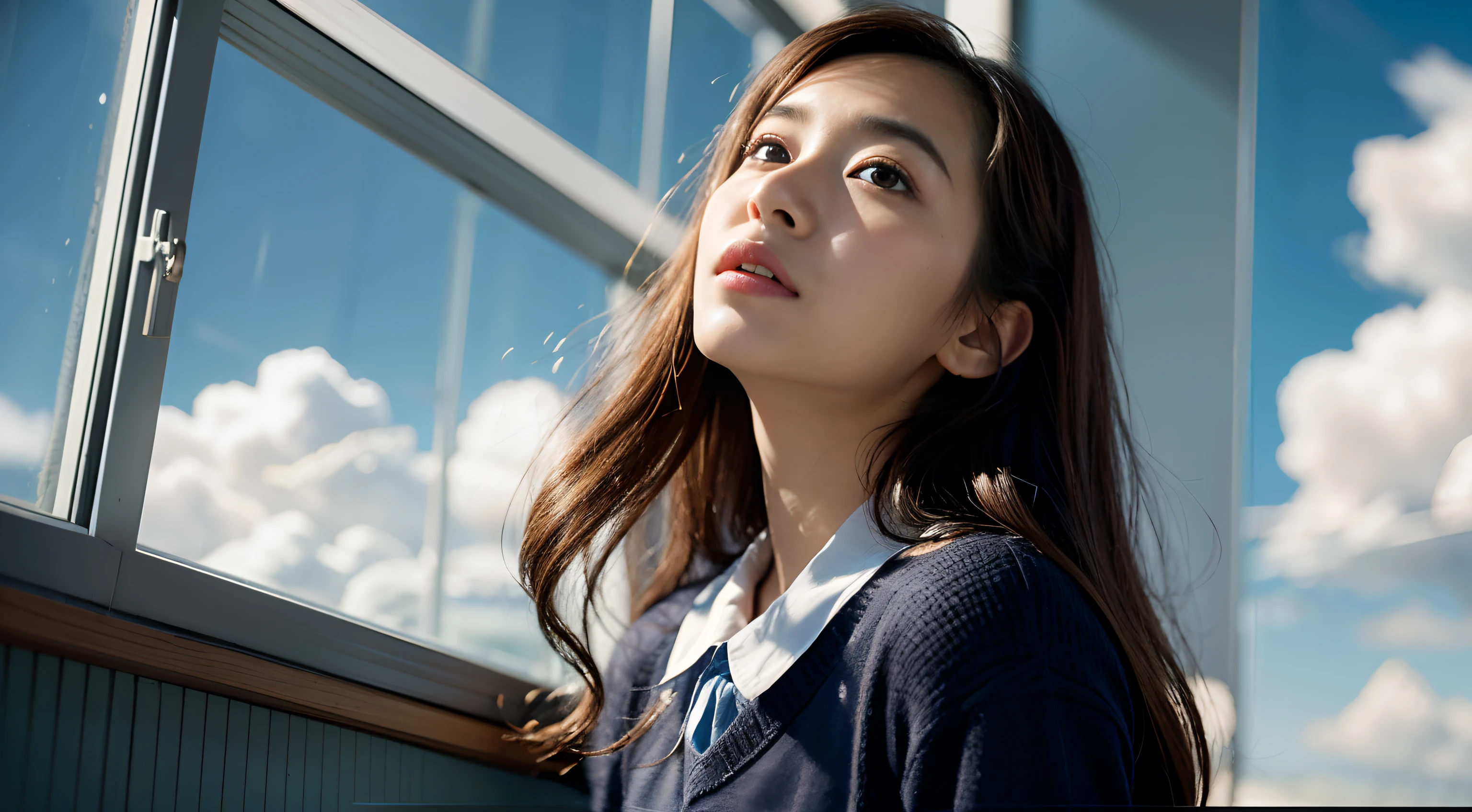 a picture、(Photorealsitic:1.4)、(hyper realisitic:1.4)、(Cinematic:1.5)、Woman in her 20s、profile、Solo, （beautiful and delicate face）、（High-quality eyes）、hi-school girl、校服、bow ribbon、(school classrooms:1.5)、Desk in the back、desk work、textbook、 (Look out the window:1.5)、look up the sky