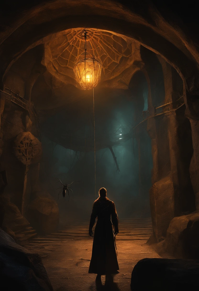 inside mines, nighttime, torchlight, giant webs, walkways made of web, darkness below the walkways, spiders, spider eggs, creepy, dark, webways, underdark, painted as a game concept art, environment concept art, environment and concept art, painterly concept art,