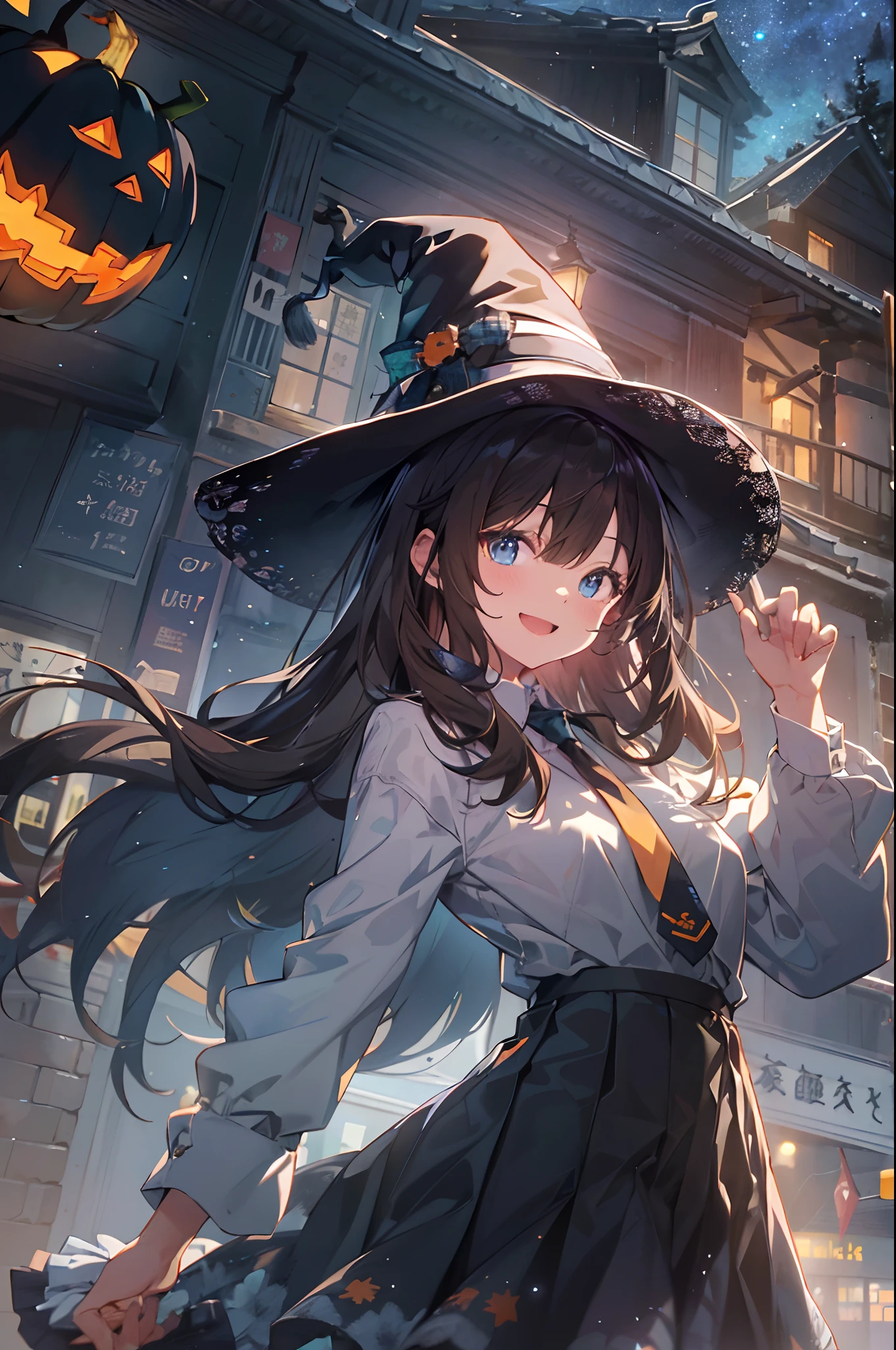 (top-quality、in 8K、32K、masterpiece、nffsw、超A high resolution、Impresionismo、Photorealsitic:1.2)、cowboy shot、foco nítido、detailed faces and eyes、(Tokyo at night、Halloween Decorations、The ghost is flying、Ghost pumpkin、Very colorful、Vivid Color:1.2)、(Very colorful night sky、Colorful ghosts flying in the sky)、Sharp pupils、Realistic pupils、beauitful face、blurry backround、18 year old beautiful girl、shinny skin、Bery short hair、Beautiful dark brown hair、Blunt bangs、Dark blue eyes、Wizard Hat、cloaks、Shirt、Halloween tie、Plaid miniskirt、Black socks、(Holding a skirt in your right hand、Lifting skirt:1.3)、(Raise your left arm)、(Happy expression on face:1.2)、dynamicposes