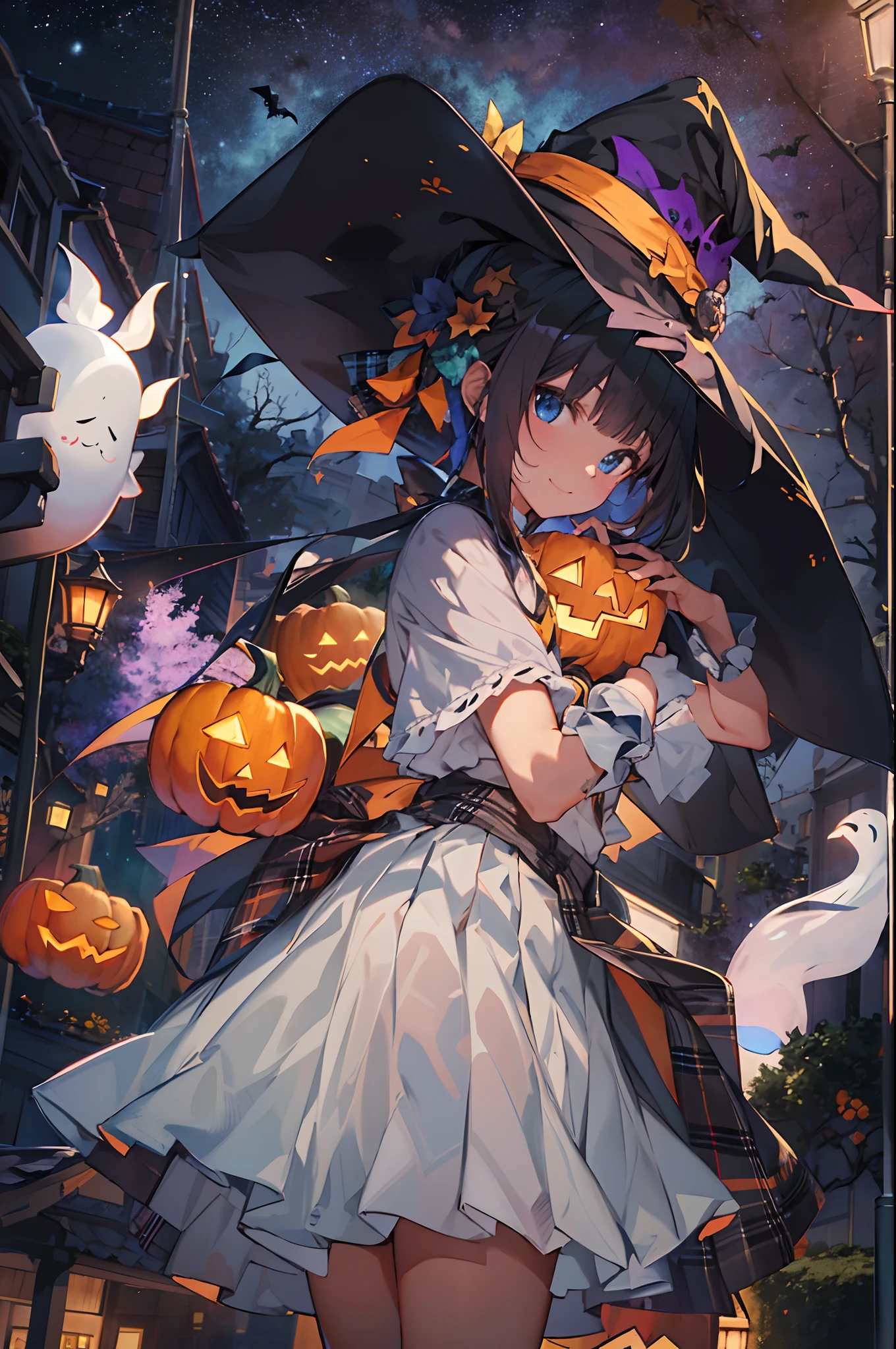 (top-quality、in 8K、32K、masterpiece、nffsw、超A high resolution、Impresionismo、Photorealsitic:1.2)、cowboy shot、foco nítido、detailed faces and eyes、(Tokyo at night、Halloween Decorations、The ghost is flying、Ghost pumpkin、Very colorful、Vivid Color:1.2)、(Very colorful night sky、Colorful ghosts flying in the sky)、Sharp pupils、Realistic pupils、beauitful face、blurry backround、18 year old beautiful girl、shinny skin、Bery short hair、Beautiful dark brown hair、Blunt bangs、Dark blue eyes、Wizard Hat、cloaks、Shirt、Halloween tie、Plaid miniskirt、Black socks、(Holding a skirt in your right hand、Lifting skirt:1.3)、(Raise your left arm)、(Happy expression on face:1.2)、dynamicposes