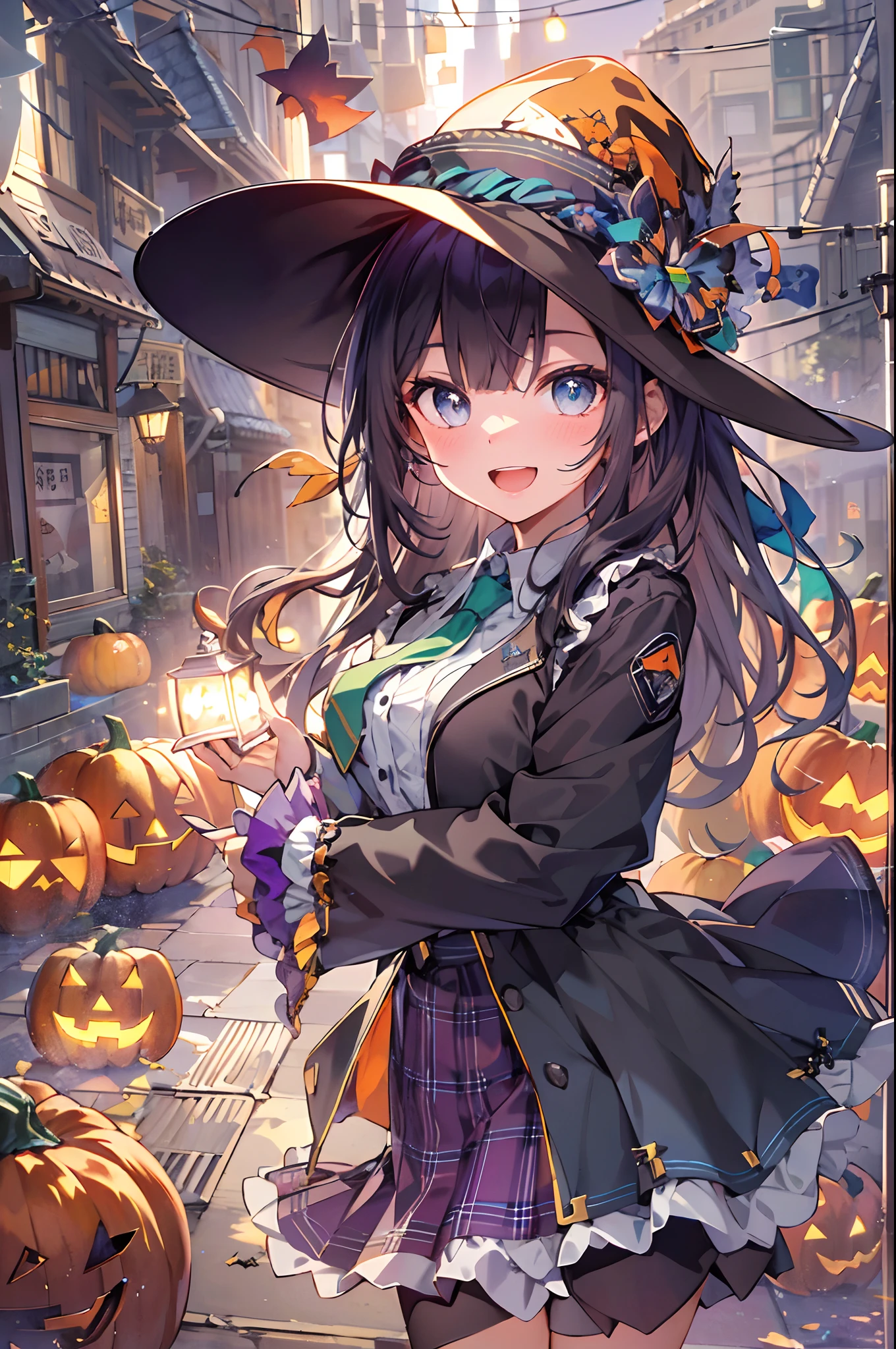 (top-quality、in 8K、32K、masterpiece、nffsw、超A high resolution、Impresionismo、Photorealsitic:1.2)、cowboy shot、foco nítido、detailed faces and eyes、(Tokyo at night、Halloween Decorations、The ghost is flying、Ghost pumpkin、Very colorful、Vivid Color:1.2)、(Very colorful night sky、Colorful ghosts flying in the sky)、Sharp pupils、Realistic pupils、beauitful face、blurry backround、18 year old beautiful girl、shinny skin、Bery short hair、Beautiful dark brown hair、Blunt bangs、Dark blue eyes、Wizard Hat、cloaks、Shirt、Halloween tie、Plaid miniskirt、Black socks、(Holding a skirt in your right hand、Lifting skirt:1.3)、(Raise your left arm)、(Happy expression on face:1.2)、dynamicposes