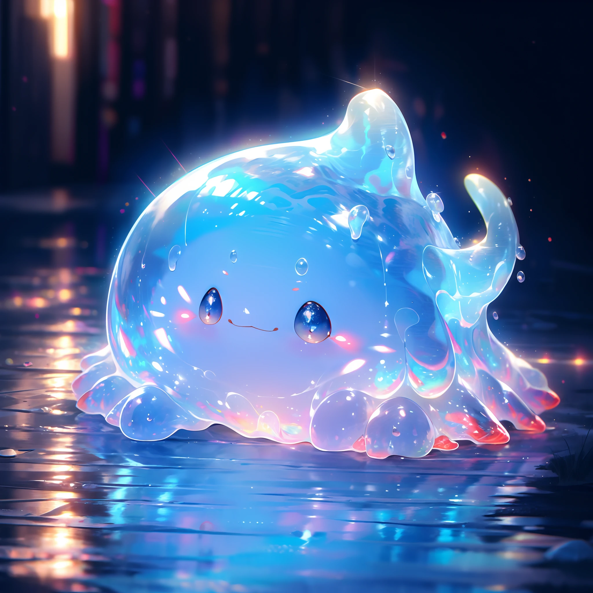 A shiny blue and red slime, cute face,vibrant and translucent texture, slime stretching and squishing, detailed, mesmerizing patterns and swirls, sparkling and reflecting light, satisfying to touch and play with, high-res masterpiece, vivid colors, illuminated with soft studio lighting.