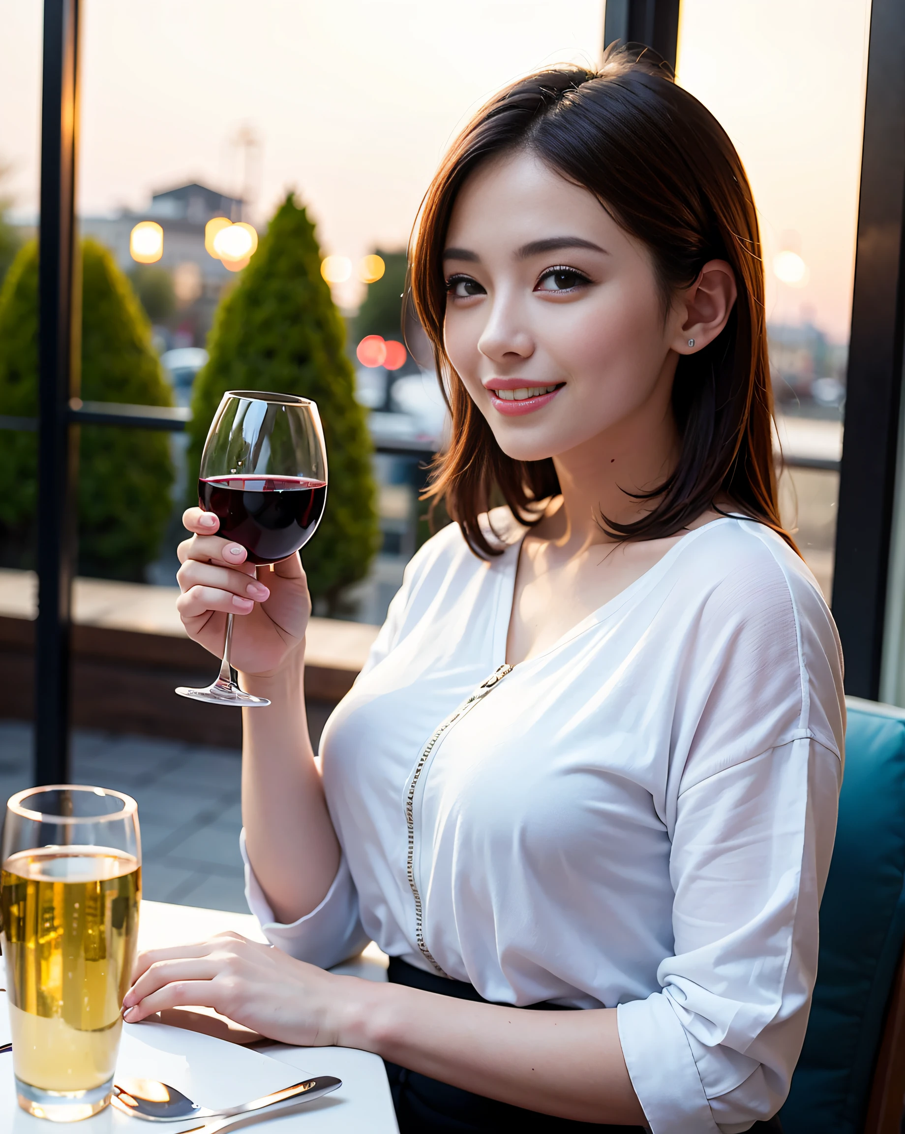 ((highest quality、8k、masterpiece:1.3))、1 male、1 female、spouse、I really like it、Beautiful couple、The body is slim、テーブルの上のwine glass、Facial lighting、full-course dinner、 Amazing view of the sunset sky and clouds、A bright smile、The wonderfulness of smile、Bright image、Beautiful Face, short hair,Bright Face、 (43 years old), 39 years old, red wine 、Appetizers、Italian food、Wine bottle、Champagne、sparkling wine、Two beauties、Brown Hair、Shortcuts、Long sleeve shirt、dress、Pretty Woman 1, (slimな顔), (The body is slim), (Brown Hair), (Shortcuts), cheeks turn a little red,Attractive beauty、restaurant, In a prominent place (From the waist up) Nova Frog Style, actress, model, Upper Body, White wine, slim, wine glass, 中央に置かれたwine glass, smile, (smile: 1.15), Beautiful fine grain, Depth f/2,saturation, High Contrast, Strong light and shadow,Moist Body:1.5、3D texture、Delicate eyes、Brown Hair、The hair is very shiny、