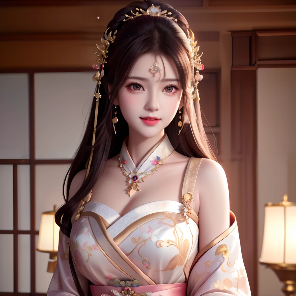 best quality, masterpiece, highres, 1girl,blush,(seductive smile:0.8),star-shaped pupils,sexy china hanfu, princess, very luxury, hair ornament,necklace, jewelry,Beautiful face, beautiful breasts, upon_body, tyndall effect,photorealistic, dark studio, rim lighting, two tone lighting,(high detailed skin:1.2), 8k uhd, dslr, soft lighting, high quality, volumetric lighting, candid, Photograph, high resolution, 4k, 8k, Bokeh