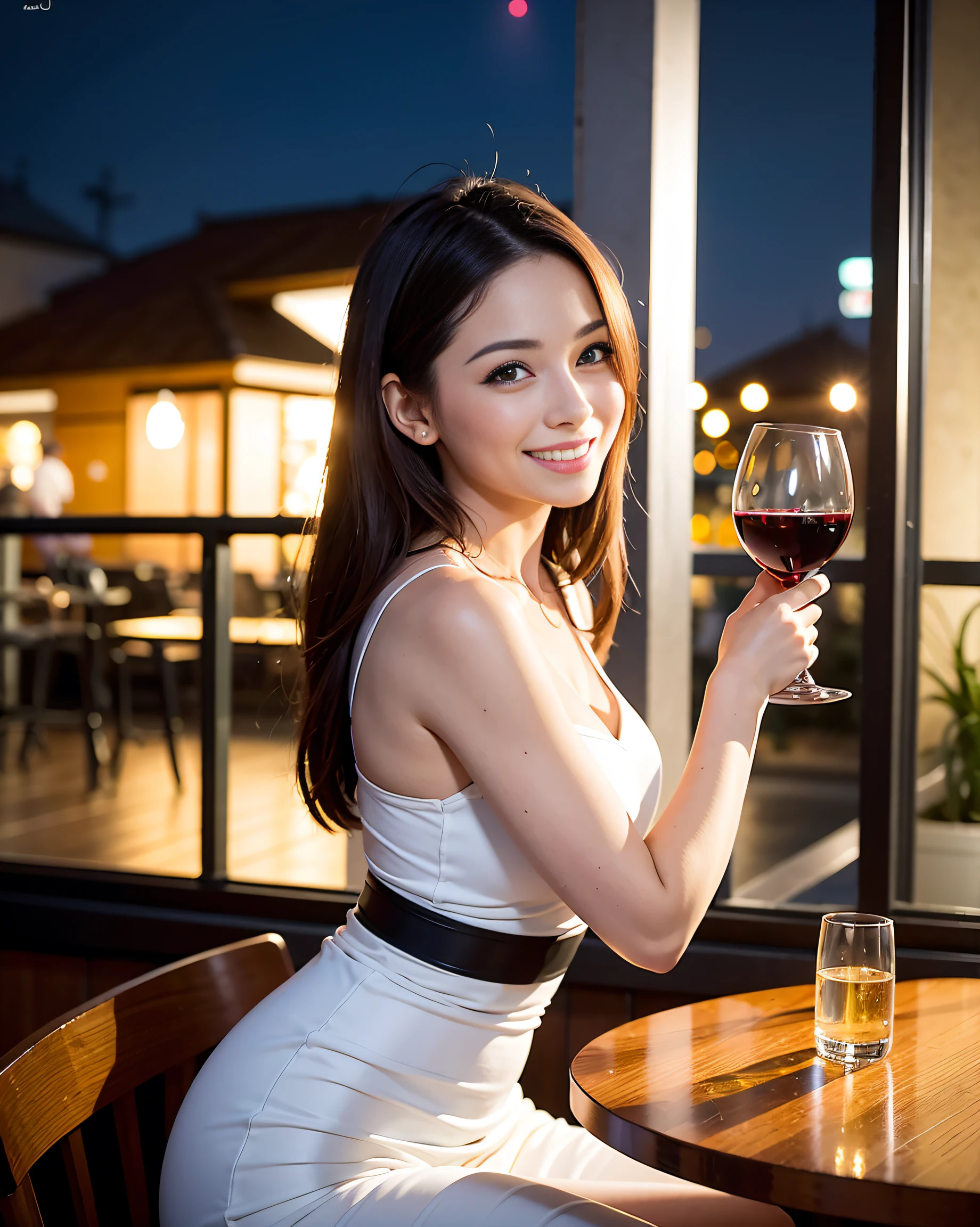 (64K, UHD, top quality, masterpiece: 1.2), (realistic, photorealistic: 1.37), super detailed, pretty woman 1 person, (slim face), (slim body), (brown hair), (short cut), cheeks slightly blushing, (35 years old), 38 years old, solo, beautiful detailed urban night view outside the window, restaurant, wine glasses sit, at night, in a prominent place (from the waist up) NovaFrogStyle, Actress, Model, Waist Up, White Wine, Slim, Wine Glass, Super Clean Night View, Wine Glass Put in the Middle, Happy Smile, (Smile: 1.15), Beautiful Fine Eyes, Upper Body, Bust Japan Up, Night, Short, Short, Actress, Model, Waist Up, White Wine, Slim, Wine Glass, Super Clean Night View, Wine Glass Put in the Middle, Happy Smile,