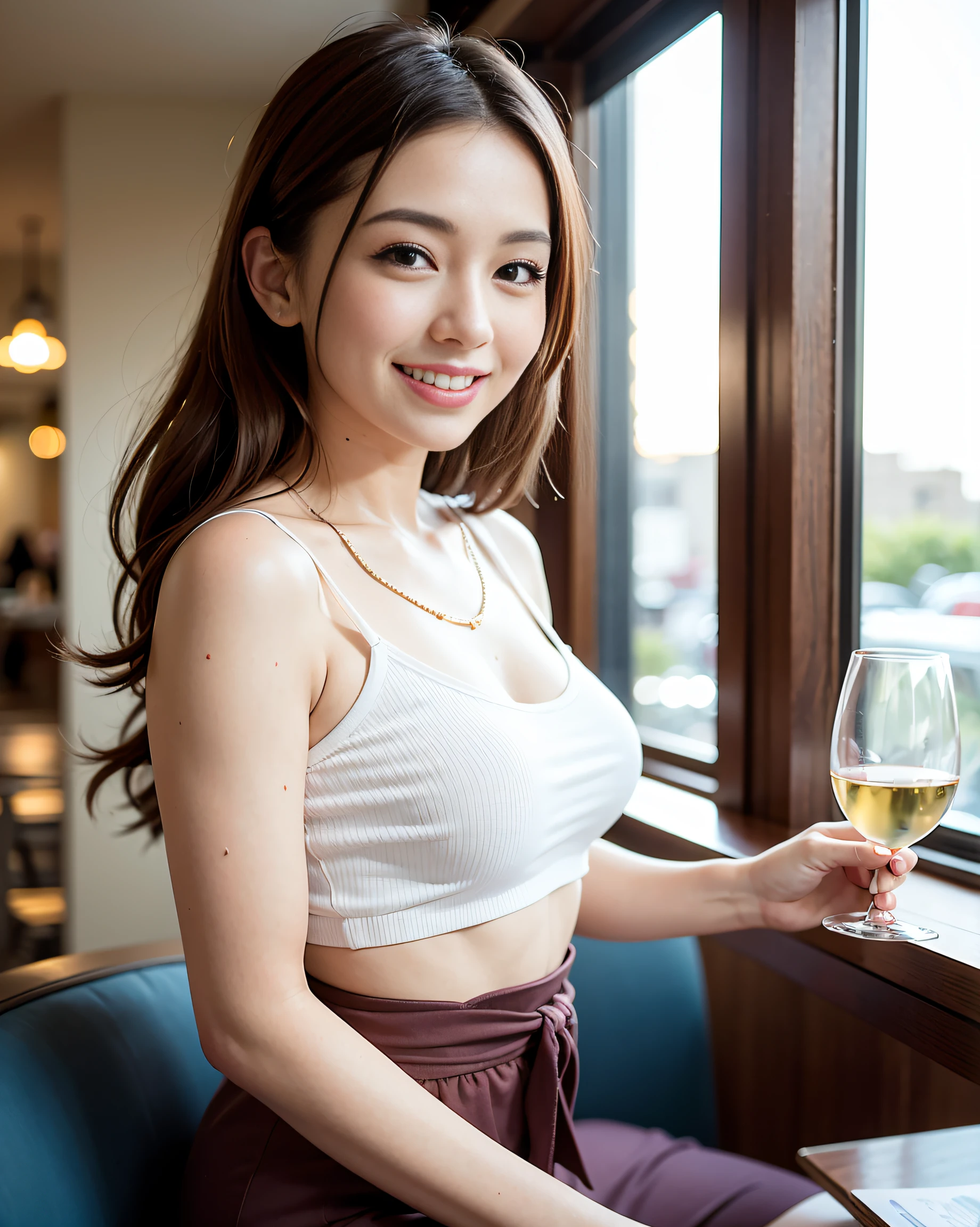 (64K, UHD, top quality, masterpiece: 1.2), (realistic, photorealistic: 1.37), super detailed, pretty woman 1 person, (slim face), (slim body), (brown hair), (short cut), cheeks slightly blushing, (44 years old), 38 years old, solo, beautiful detailed urban night view outside the window, restaurant, wine glasses sit, at night, in a prominent placeNovaFrogStyle, Actress, Model, Waist Up, White Wine, Slim, Wine Glass, Super Clean Night View, Wine Glass Put in the Middle, Happy Smile, (Smile: 1.15), Beautiful Fine Eyes, Upper Body, Bust Japan Up, Night, Short, Short, Actress, Model, Waist Up, White Wine, Slim, Wine Glass, Super Clean Night View, Wine Glass Put in the Middle, Happy Smile,