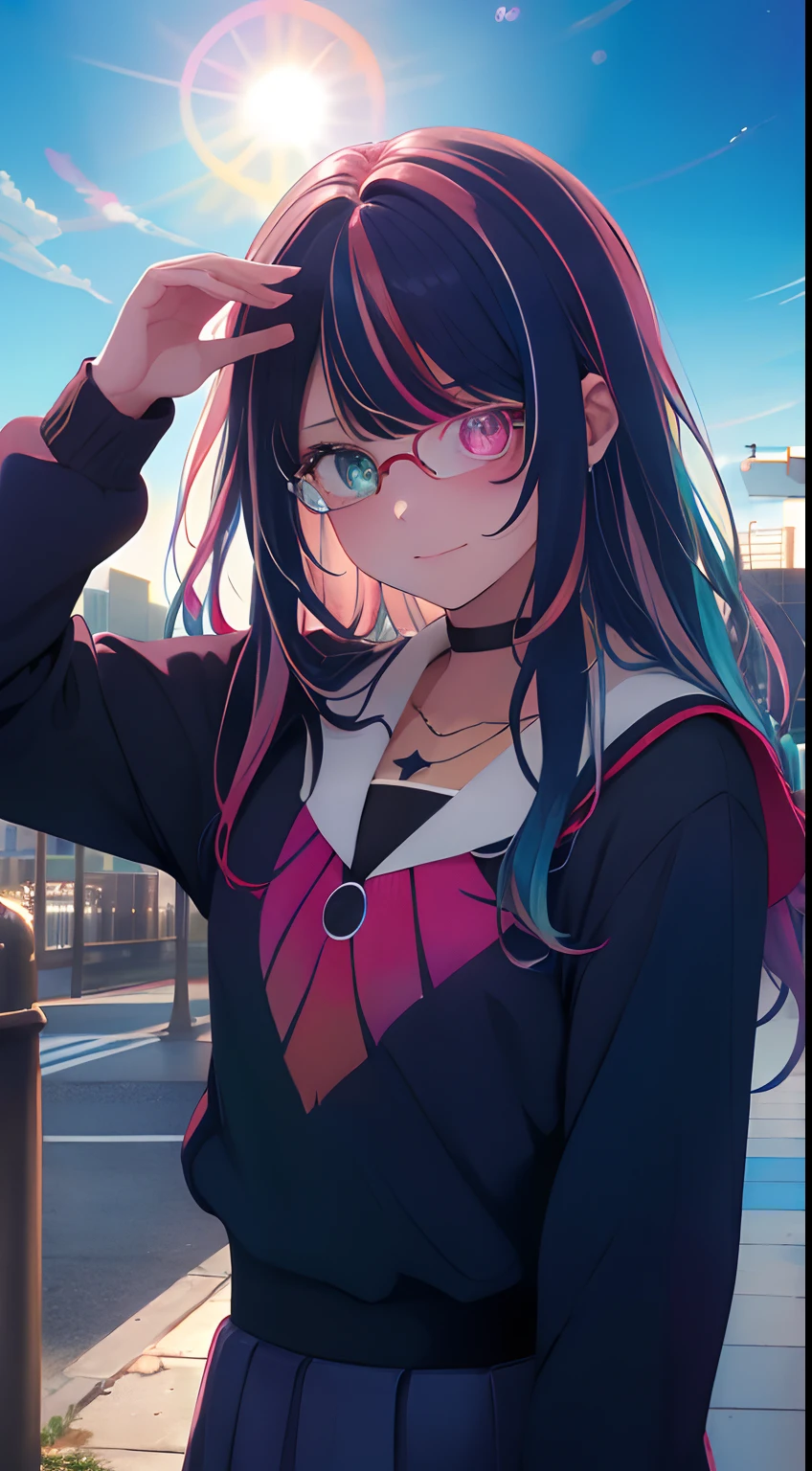 (masterpiece, highest quality, highest quality, watercolor art (pendant), official art, beautiful and aesthetic, (1.2), (1 girl: 1.3), (fractal art: 1.3), full body, star-shaped pupil, , pattern, ((iridescent hair, colorful hair, half blue and half pink hair: 1.2)), (school uniform), colorful, glasses, writing, heterochromia, (colorful: 1.5), ((rainbow sky)), sun, (embarrassed face)