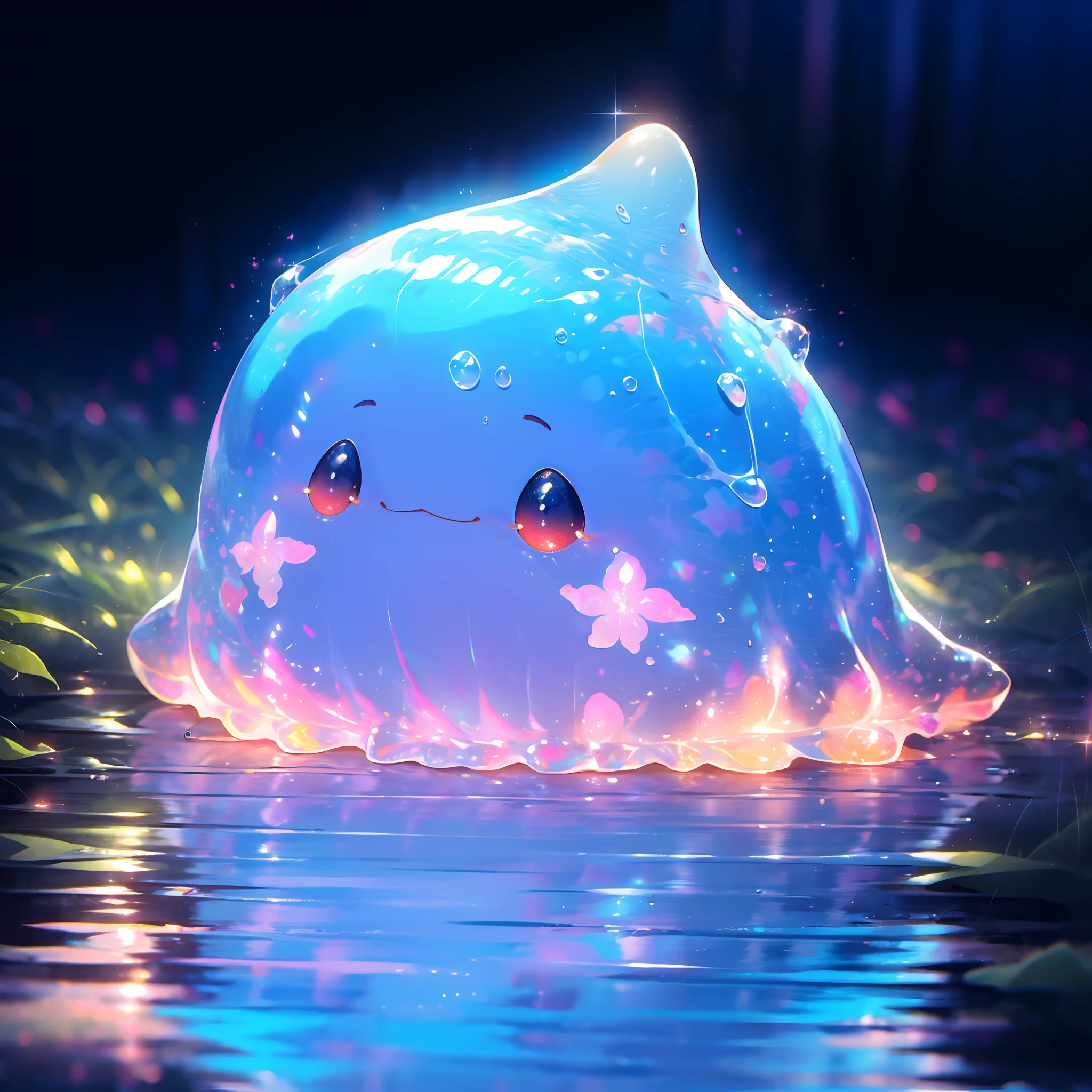 A shiny blue and red slime, cute face,vibrant and translucent texture, slime stretching and squishing, detailed, mesmerizing patterns and swirls, sparkling and reflecting light, satisfying to touch and play with, high-res masterpiece, vivid colors, illuminated with soft studio lighting.