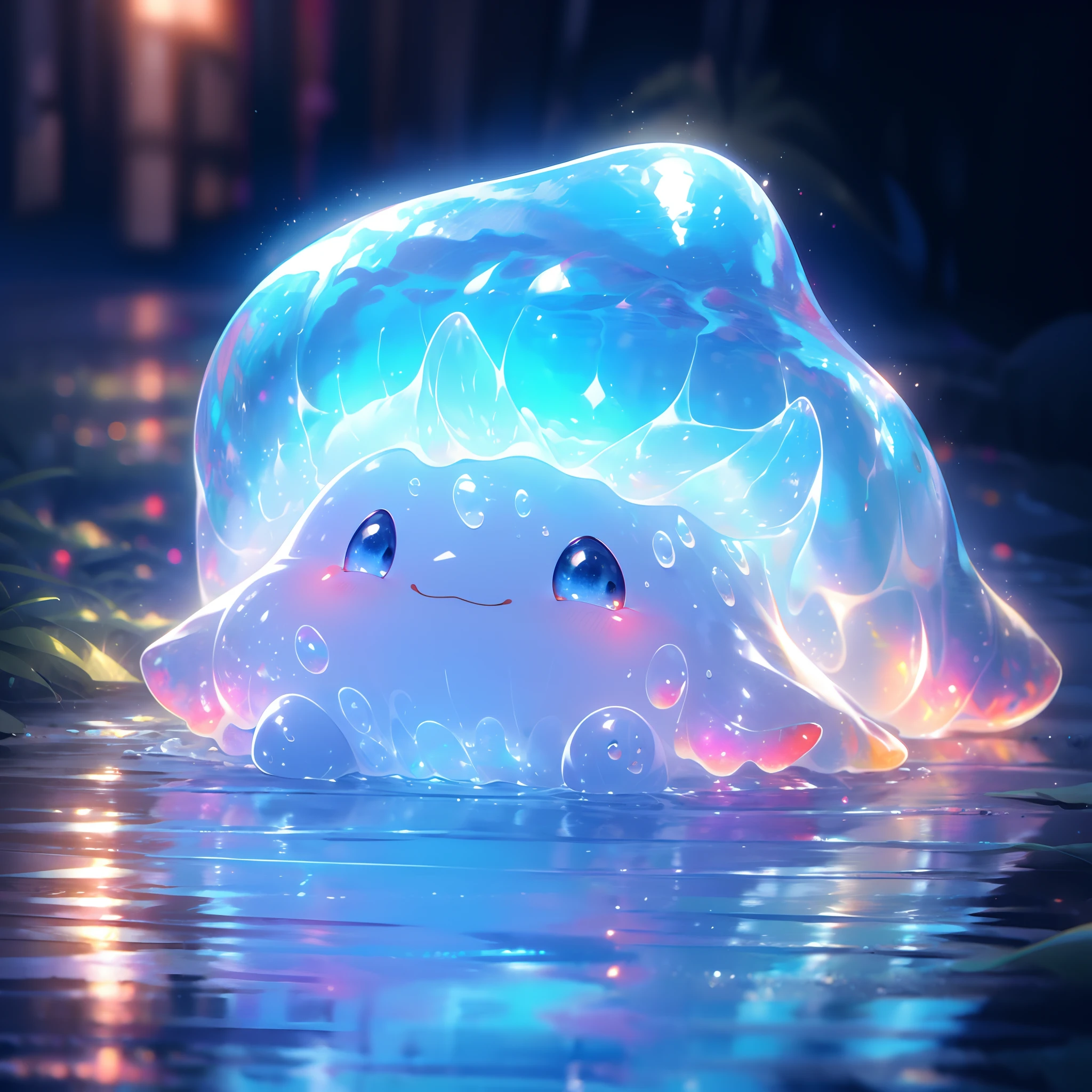 A shiny blue and red slime, cute face,vibrant and translucent texture, slime stretching and squishing, detailed, mesmerizing patterns and swirls, sparkling and reflecting light, satisfying to touch and play with, high-res masterpiece, vivid colors, illuminated with soft studio lighting.