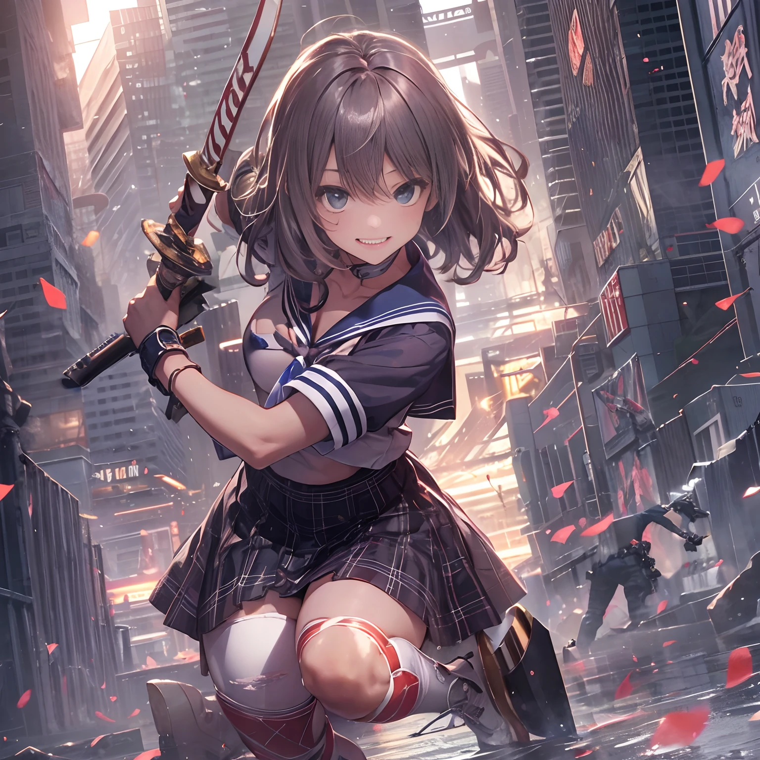 masutepiece, High quality, Cinematic lighting, Front Camera Angle, Ruined metropolis, High school girl holding Japan sword handle in right hand, Beautiful Girl, Unbeatable smile, Good Style, Short hair, cleavage , Short sailor suit, Tartan mini skirt, Dynamic Pose.
