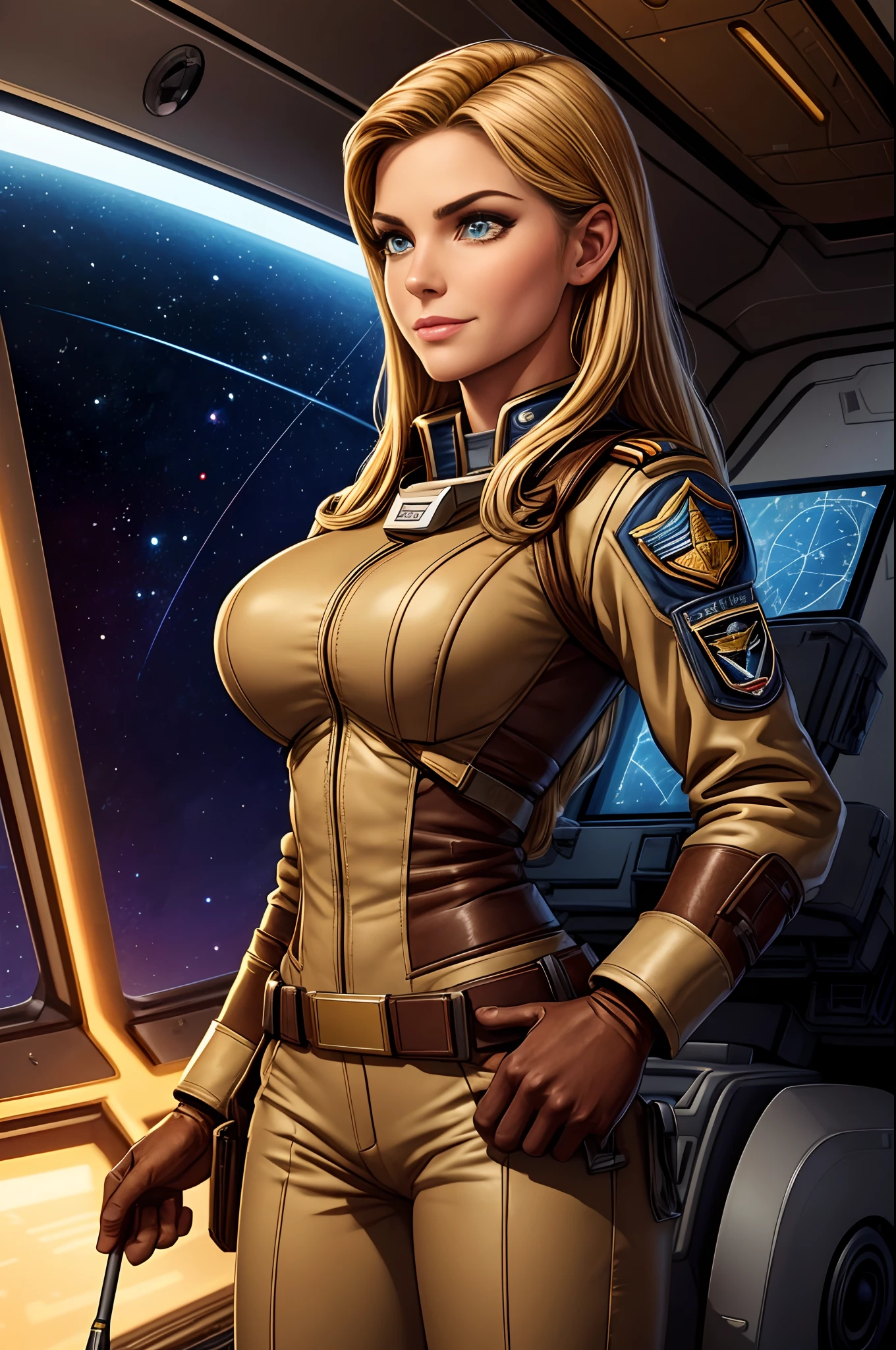 (Best quality)), ((masterpiece)), (detailed), 1 girl, bimbo, blonde hair, big plump lips, long hair, athletic body, hourglass body, Slim waist, Big hips, похотливое narrow face, narrow face, small cheekbones, big eyes, lustful look, blue eyes, massive protruding breasts,huge breasts, erect nipples, Nipple piercing, large belly button piercing, short tight sexy star wars military uniform, short, body-hugging, arched her back erotically