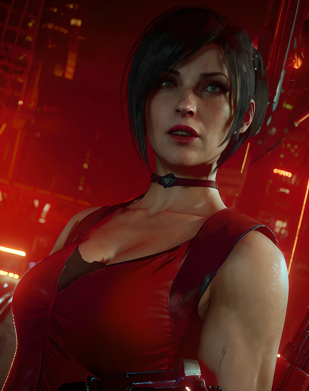 a close up of a woman in a red dress holding a gun, supermodel in silent hill, glamorous jill valentine, cinematic bust shot, cinematic close-up bust shot, 8k portrait render, in batman : arkham knight, succubus in tight short dress, barbara hammer 4 k, succubus in sundress portrait, portrait of tifa lockhart, cinematic bust portrait, blowing a kiss