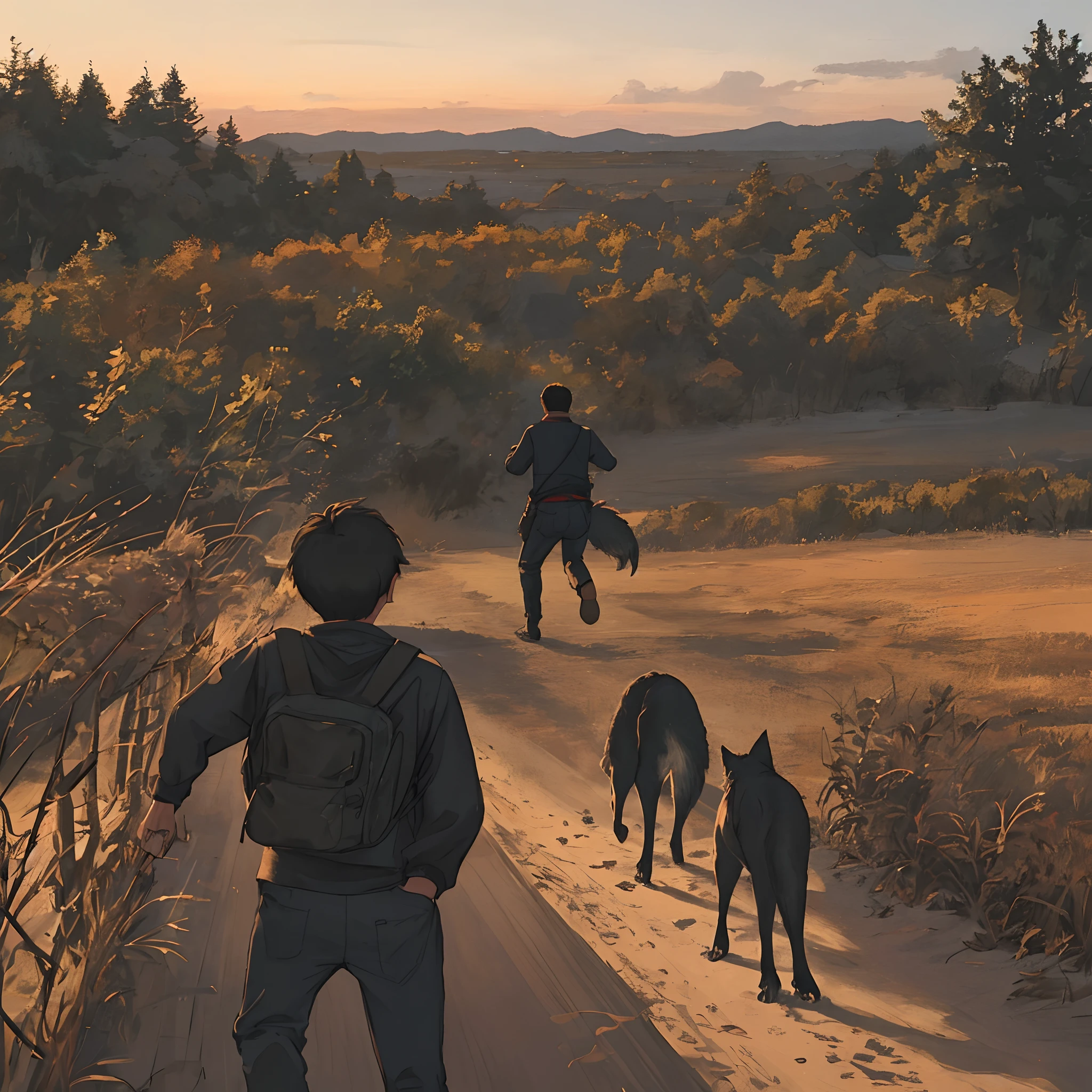 A boy hunting in the evening is being chased by wolves