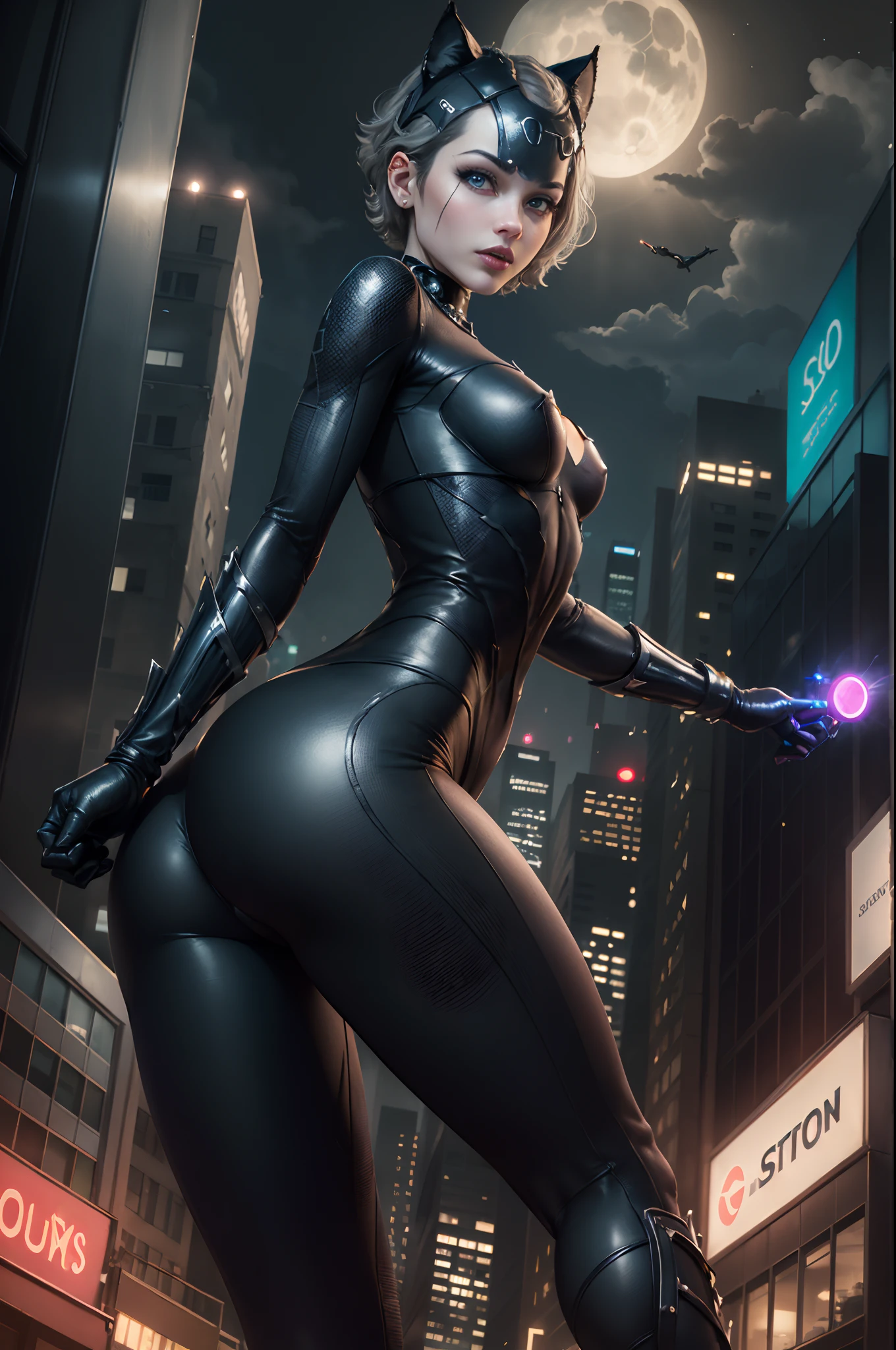 (tmasterpiece、4K 分辨率、ultra-realistic realism、The is very detailed)、("Black Superhero" theme、carismatic、Above the town there is a girl in a catwoman costume、she is a superhero)、 [((25 age old)、(Short gray hair:1.2)、full body Esbian、(eBlue eyes:1.2)、((Catwoman pose)、demonstration of strength、jump from one building to another)、((sandy urban environment):0.8)|(view over city、natta、Dinamic Light)、(moon full)]#illustrated:The tips are mainly in Ultra HD、Very real、Describe highly detailed 4K paintings。Superheroines dressed in Catwoman costumes are depicted at the top of the city。The photo subject is a black superhero theme。(((posterior view))), wide lens shot, Neon lights, (((shooting from below))),