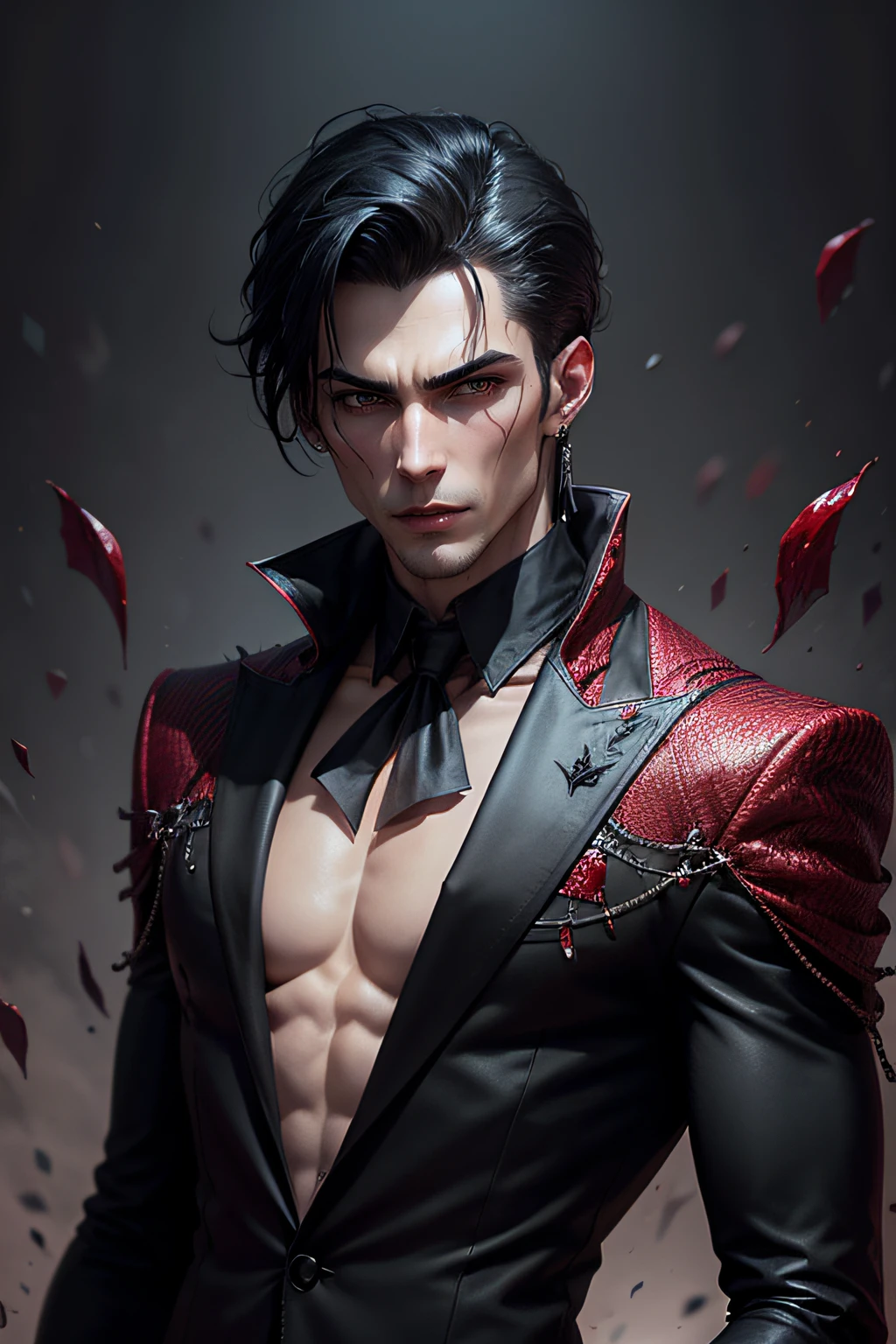 a vampire very handsome, slim, masculine body, detailed face, detailed body, wearing a black suite, blood splatter, black hair, earrings, the background old fancy castle, blood floating.