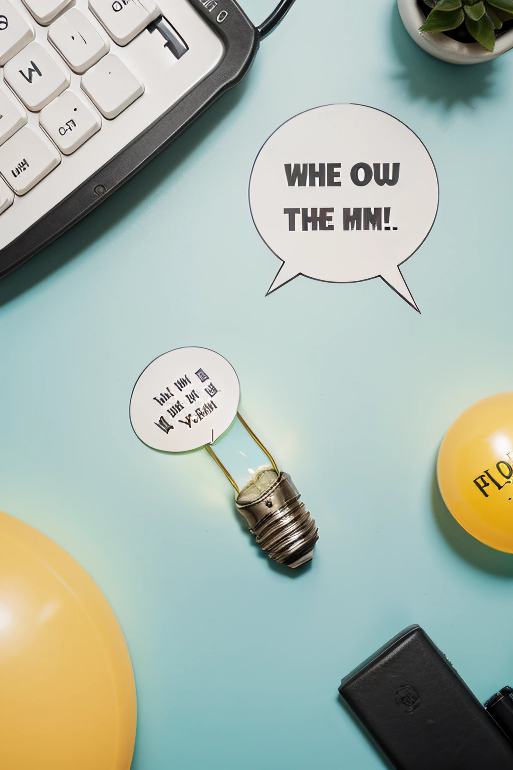 Brainstorming concept with a light bulb and speech bubbles - Flat lay