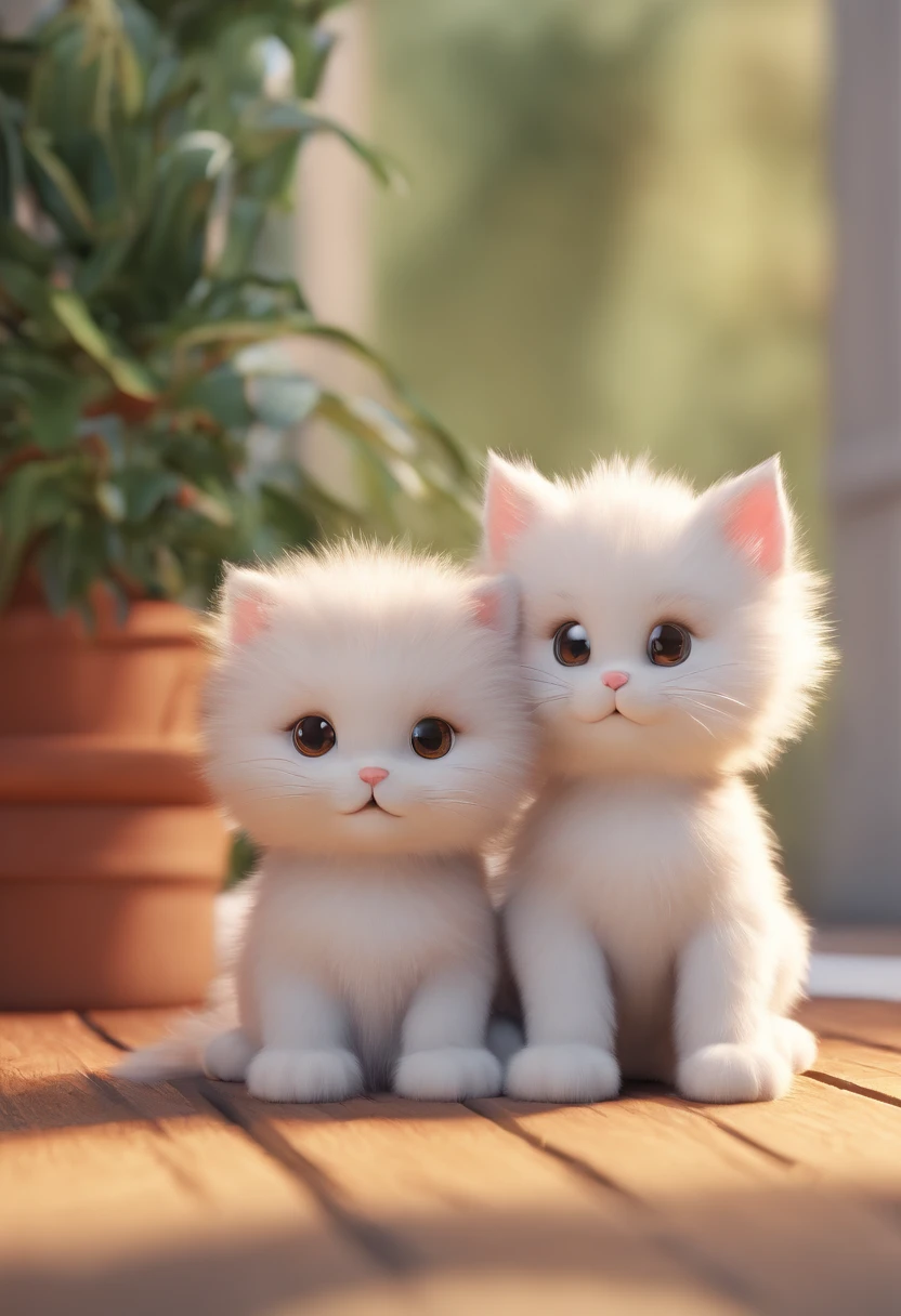 One cute white kitten sitting next to a cute red-haired puppy