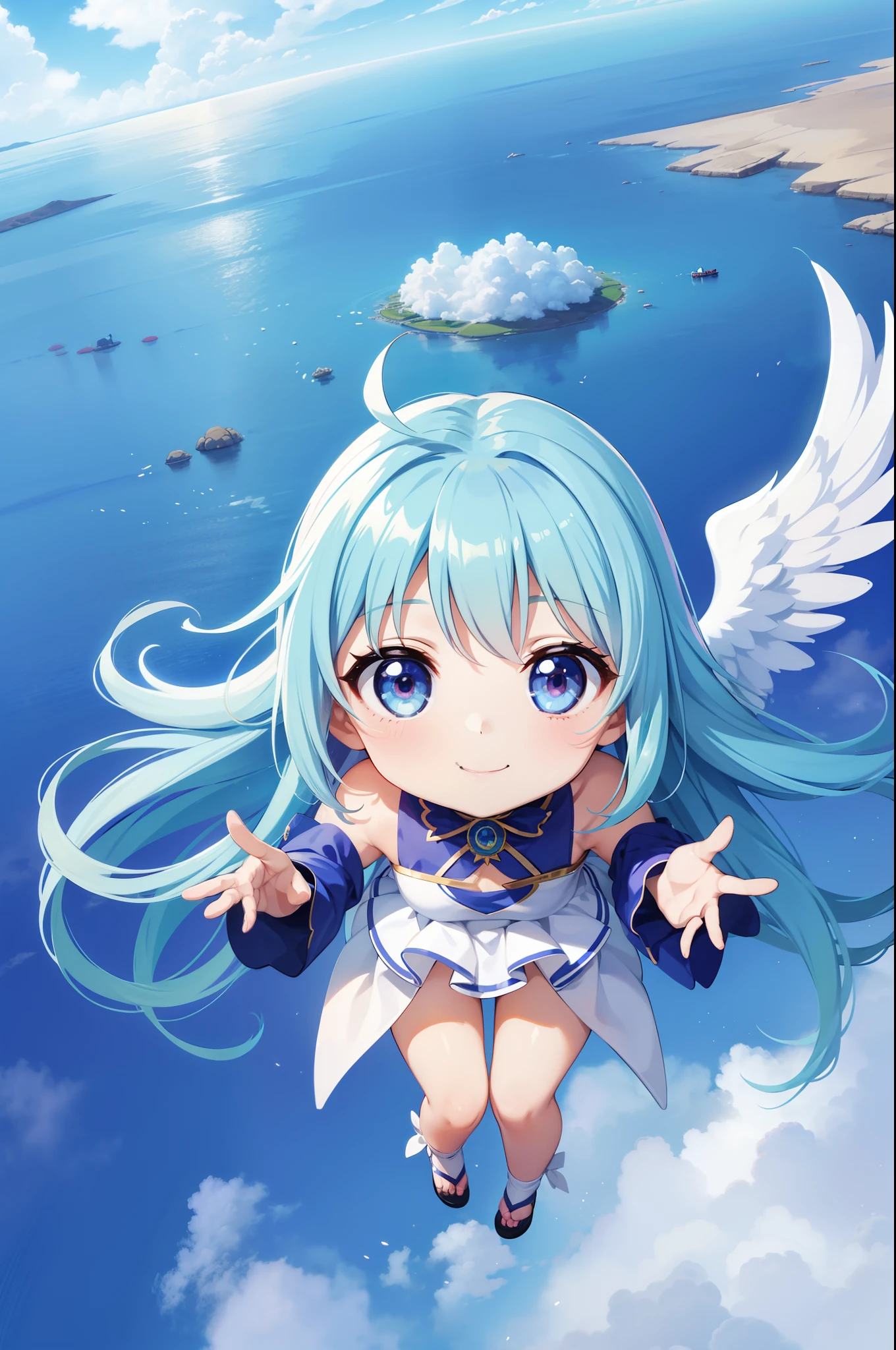 a beauty girl　adorable smiling　With colorful angel wings、Flying in the sky。long hair with blue hair((Chibi Chara))、Girl in cute costume、Chibi Chara、full body Esbian、masutepiece、top-quality、Large in the center