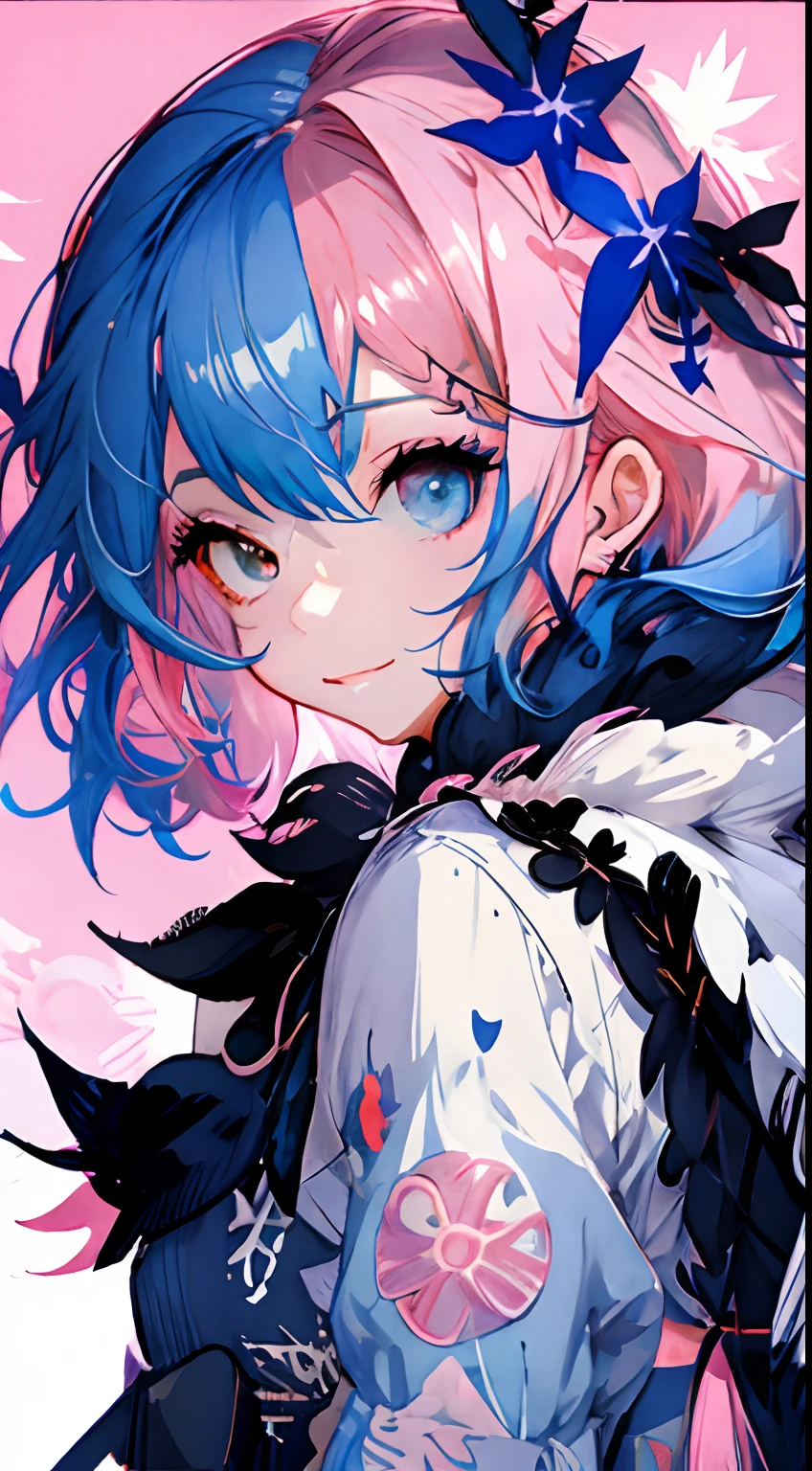 (​masterpiece、、top-quality、top-quality、Watercolor art(Pendants)、Official art、Beautifully Aesthetic:1.2)、(1girl in:1.3)、(Fractal Art:1.3)、full body Esbian、star-shaped pupils、、patterns、(((Center division、colourful hair、Half blue and half pink hair:1.8)))、(student clothes)、colourfull、eye glasses、Writing、heterochromia iridis、(colourfull:1.5)、((rainbow skies))、suns、(Shy face)(a closeup:1.2)