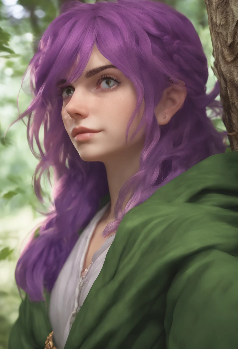 ratte867, 1girl, solo, (forest green hair:1.2), Asymmetrical haircut, (violet clothes:1.2) masterpiece, best quality, photorealistic, realistic, (RAW photo, 8k uhd, film grain), caustics, subsurface scattering