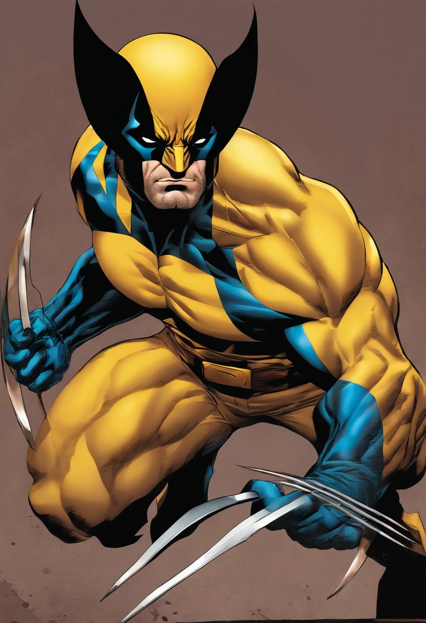 realistic photo of a classic X-Men Wolverine", with his iconic claws and yellow and blue costume, in a powerful, ready-to-fight pose, with a visually stunning background that highlights his strength and ferocity. The 8K resolution ensures every detail is captured captured, making this image a true masterpiece. This image will be the perfect tribute to the character and his enduring legacy in the X-Men franchise. —c 10 —ar 2:3 --auto --s2