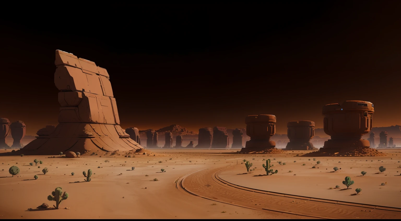 Give me a dry flat desert background, colony, anime style