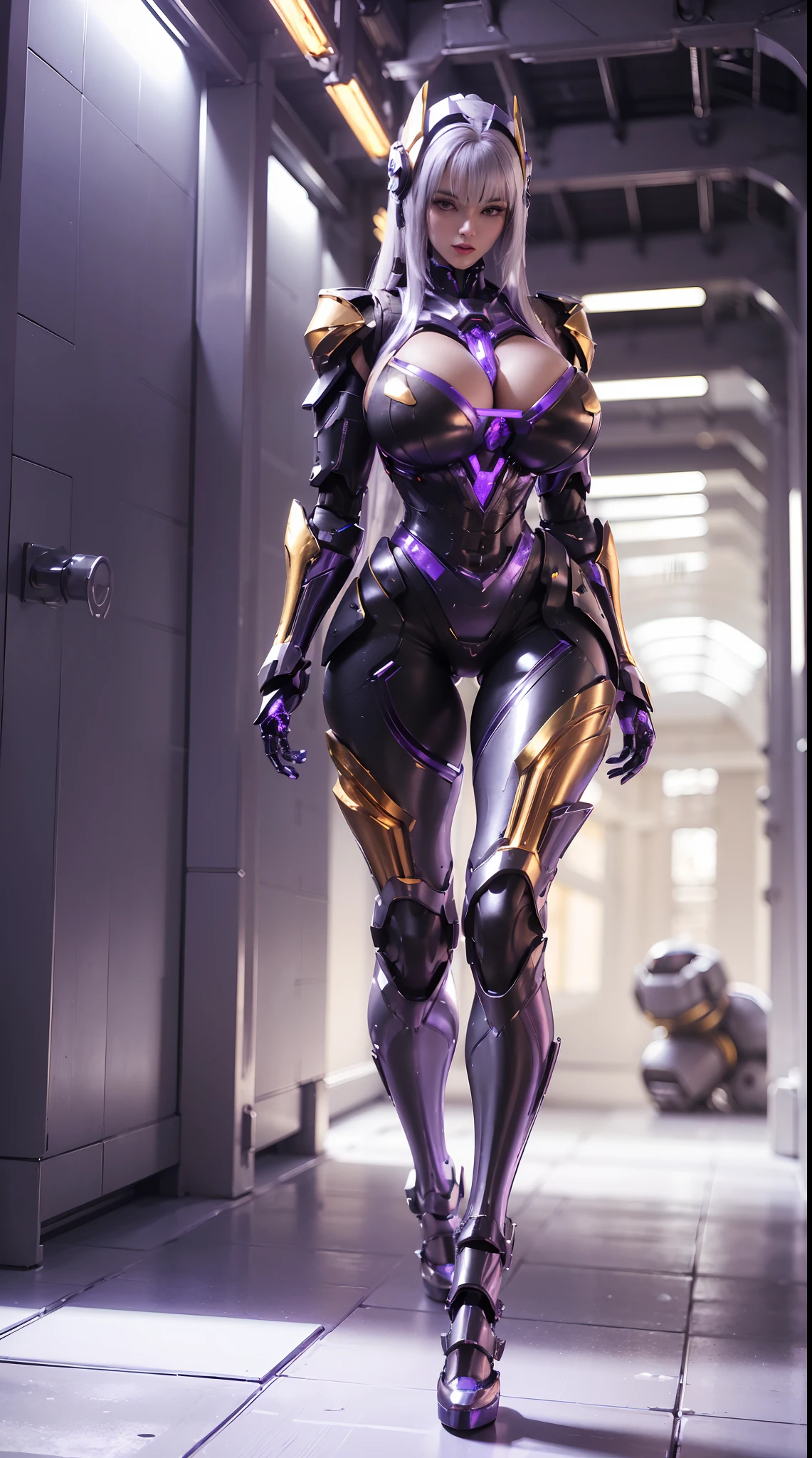 (1GIRL, SOLO), (super detailed face,white hair), (mecha headwear:1.3), (BIG BUTTOCKS, MUSCLE ABS, HUGE BOOBS:1.5), (MECHA GUARD ARM:1.3),(PURPLE,BLACK,GOLD, SHINY MECHA CYBER ARMORED SUIT, CLEAVAGE, MECHA SKINTIGHT SUIT PANTS, DIAMOND CORE IN ARMOR, MECHA GUARD ARMOR LEGS, MECHA HIGH HEELS:1.5), (MUSCULAR BODY, SEXY LONG LEGS, HALF BODY:1), (LOOKING AT VIEWER:1.3), (famale focus:0.786), (WALKING DOWN HALLWAY OF FUTURISTIC SPACE STATION:1), (BRIGHT LIGHTING:1.3), PHYSICALLY-BASED RENDERING, ULTRA HIGHT DEFINITION, 16K, 1080P.