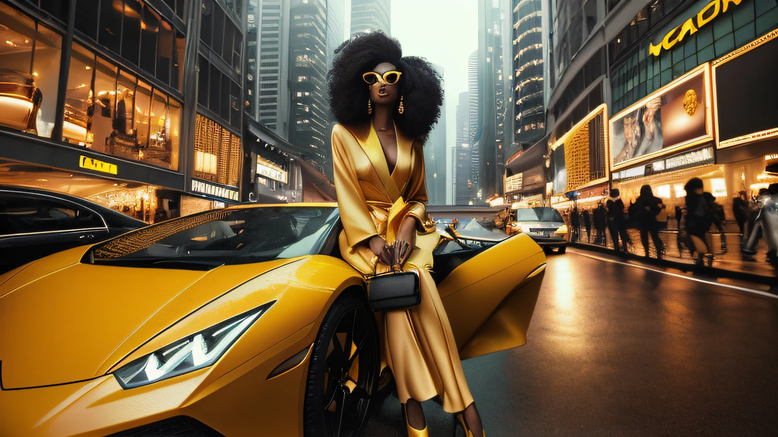 low angle shot through a fish eye lens of a black woman dressed in hiphop inspired clothes and sneakers, gold necklace and earrings, beautiful make up, standing in the middle of the street with a bugatti in the background drifting and creating smoke, beautiful and vibrant colours shining with iridescent light, music video inspired visuals.