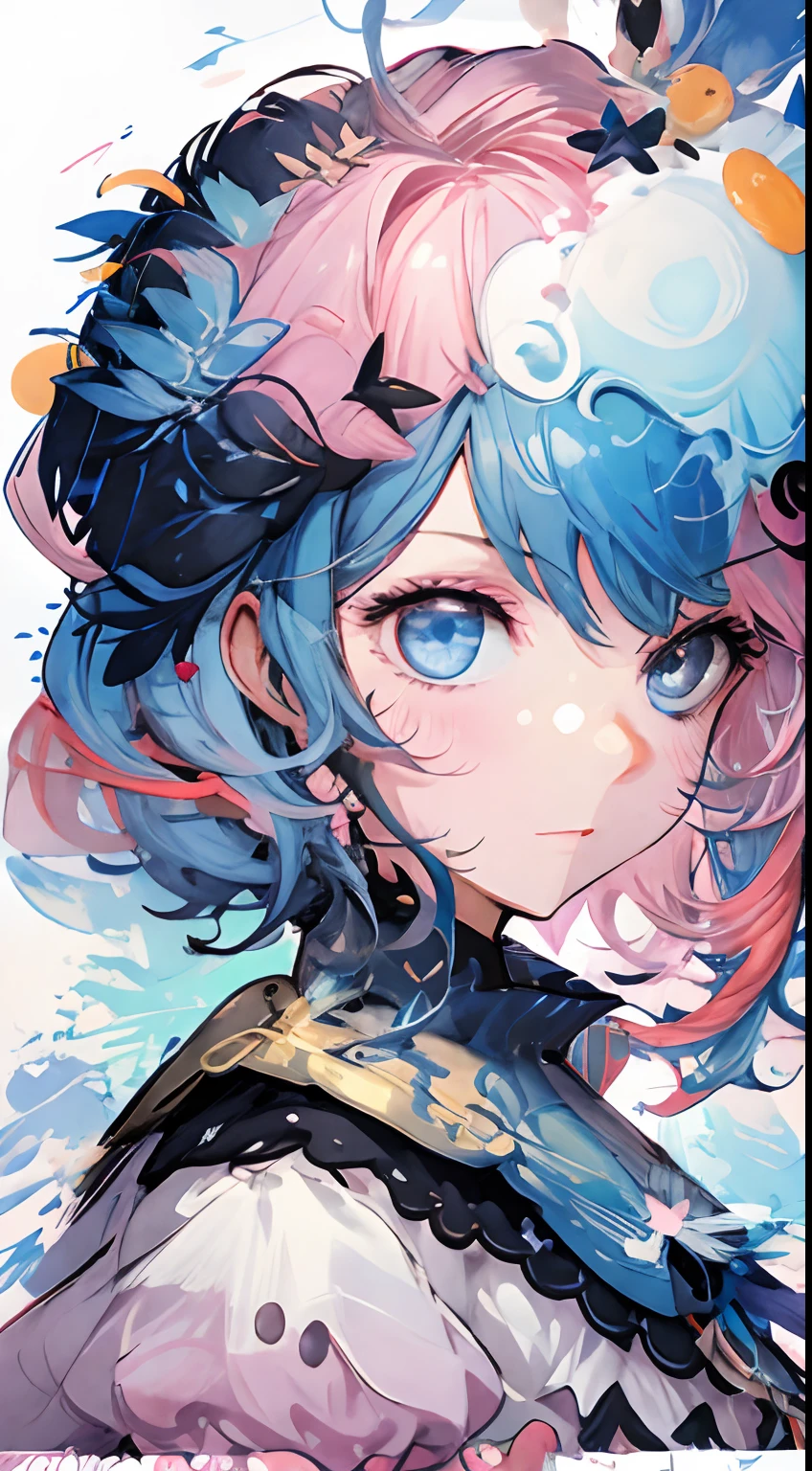 (masterpiece、、top-quality、top-quality、Watercolor art(Pendants)、Official art、Beautifully Aesthetic:1.2)、(1girl in:1.3)、(Fractal Art:1.3)、full body Esbian、star-shaped pupils、、patterns、(((Center division、colourful hair、Half blue and half pink hair:1.8)))、(student clothes)、colourfull、eye glasses、Writing、heterochromia iridis、(colourfull:1.5)、((rainbow skies))、suns、(Shy face)(a closeup:1.2)