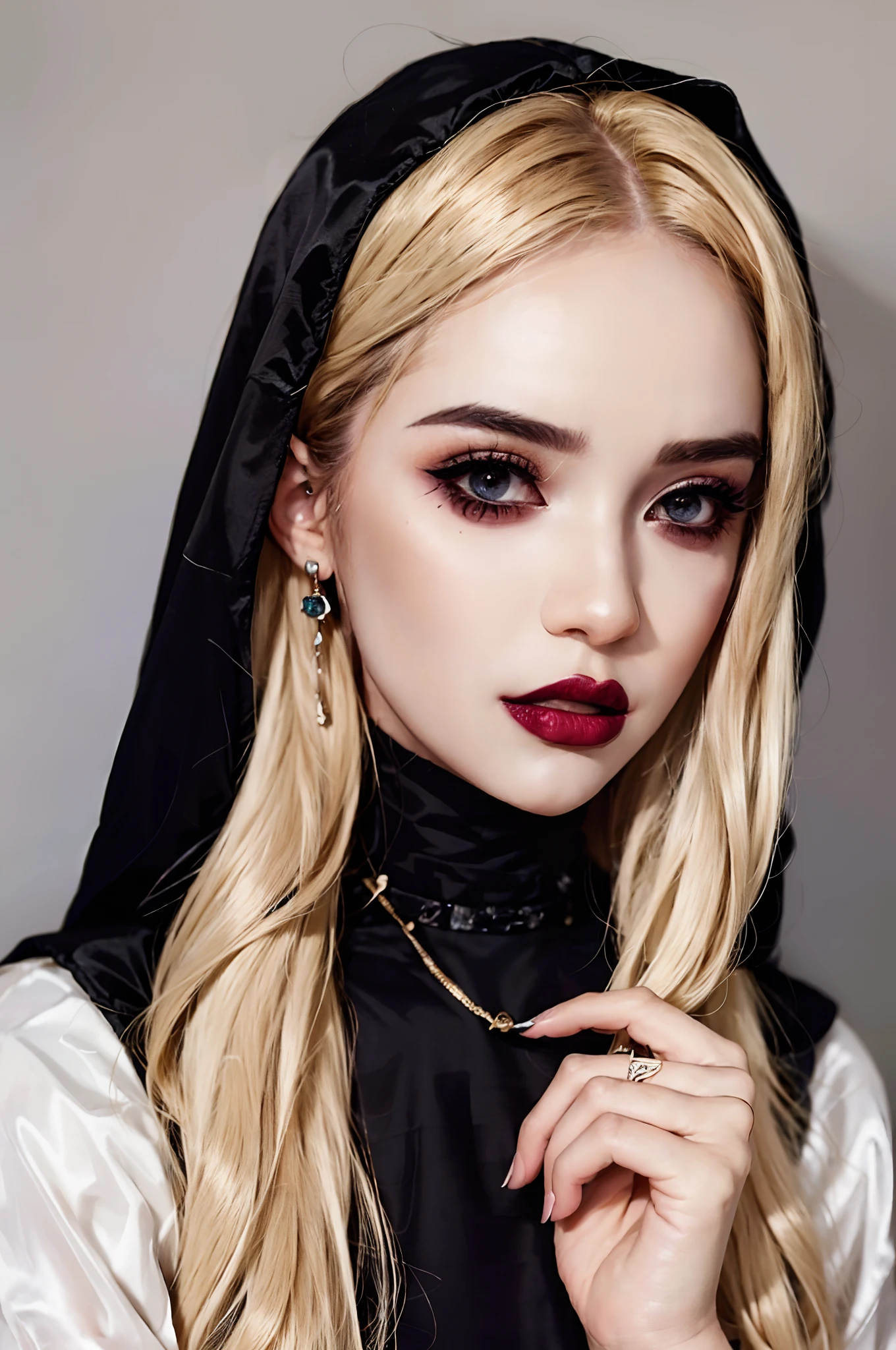 a 30 yo woman，（high-top fade：1.3），long whitr hair，dark themes，soothing tones，pastel colour，hight contrast，（Natural skin texture，ultra-realistic realism，the soft light，Sharp），lewd nun，full bodyesbian