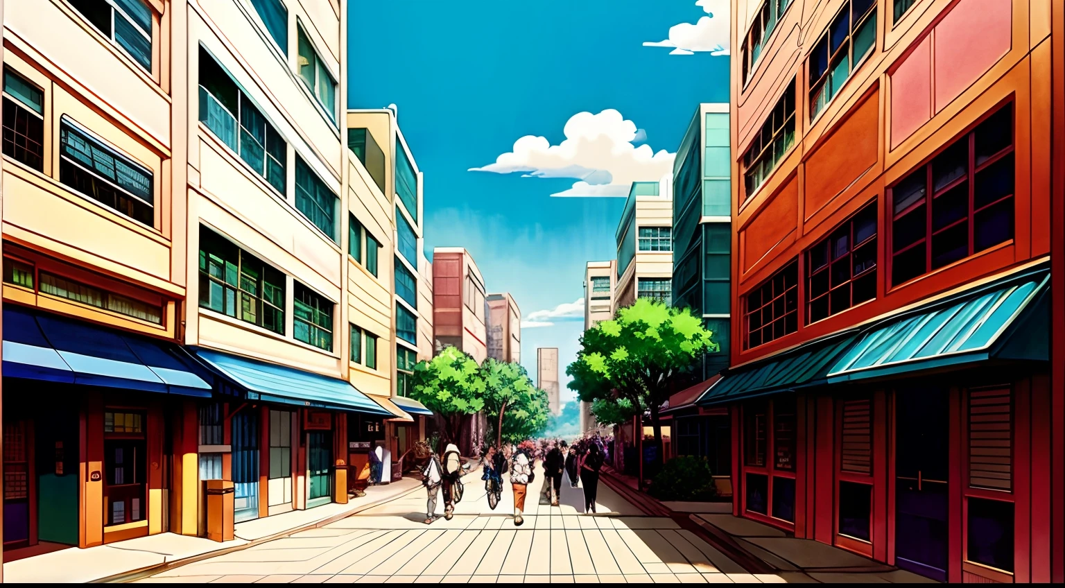 A ultra detailed view of a 70s city, street view, color digital painting, highly detailed, digital painting, artstation, intricate, warm lighting, attractive, high quality, masterpiece, award-winning art, art by Yoshitaka Amano, and Brian Froud, trending on artstation, trending on deviantart, Anime Key Visual, anime coloring, (anime screencap:1.2),(Graphic Novel),(style of anime:1.3), trending on CGSociety