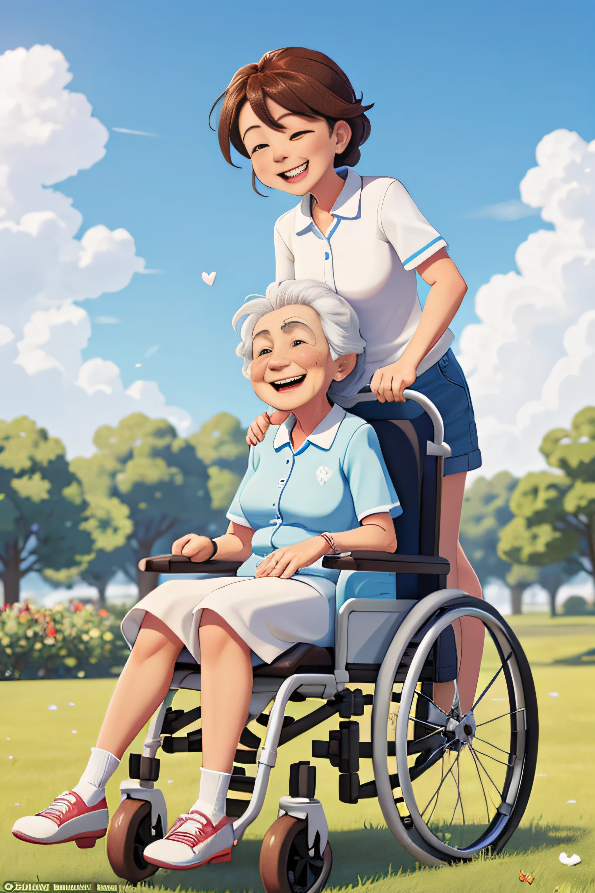 Overcome with love: In Park,with blue sky and white clouds,On the grass,3 people,An elderly grandmother in a wheelchair has a blanket draped over her lap,A middle-aged woman rubs her grandmother's shoulder,A 6-year-old boy jumps joyfully,Happiness knows no bounds,Happy expression,Wheelchair complete