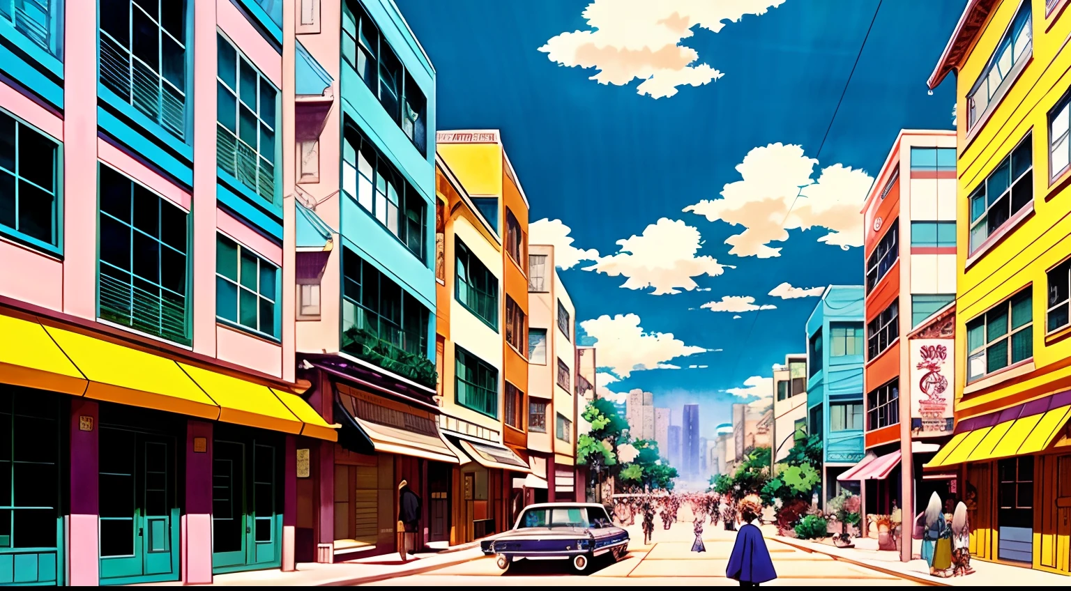 A ultra detailed view of a 70s city, street view, color digital painting, highly detailed, digital painting, artstation, intricate, warm lighting, attractive, high quality, masterpiece, award-winning art, art by Yoshitaka Amano, and Brian Froud, trending on artstation, trending on deviantart, Anime Key Visual, anime coloring, (anime screencap:1.2),(Graphic Novel),(style of anime:1.3), trending on CGSociety