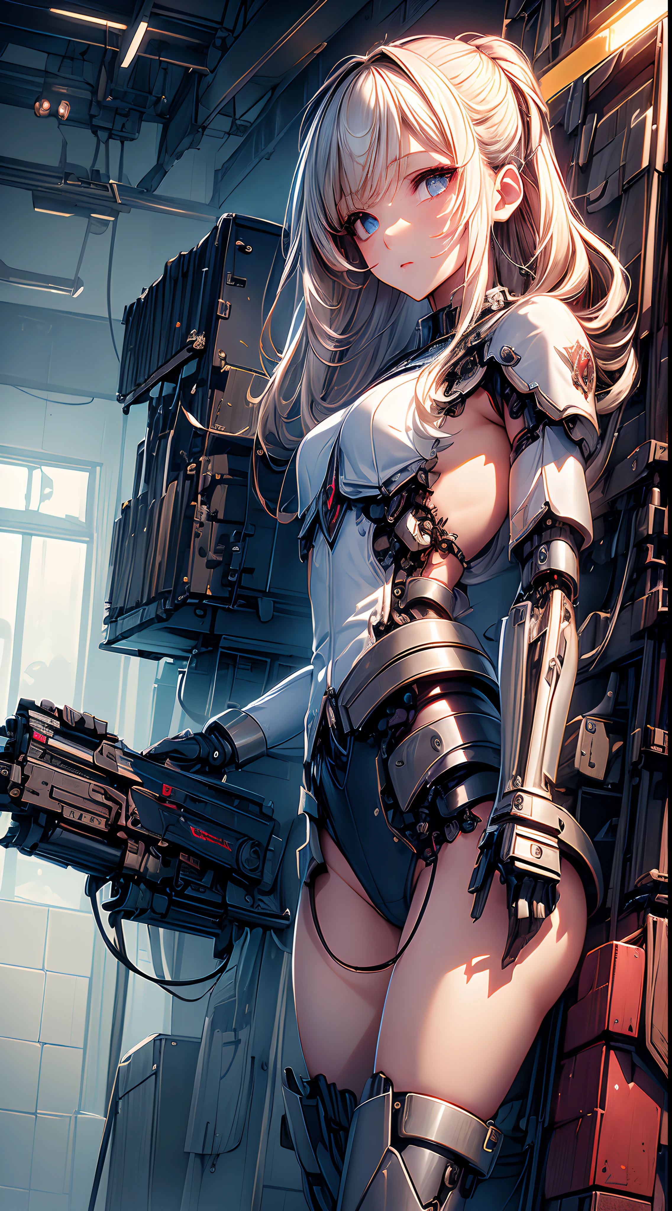 (((masterpiece)))、((top-quality))、(The ultra-detailliert)、(CG Illustration)、(Very Beautiful Little Girl))、Cinematic Light、((1 Mechanical Girl))、 scientific fiction、Apocalypse、?????? grotesque、research institute(Beautiful and indulgent:1.2)、(1girl in:1.3)、Have a machine gun,