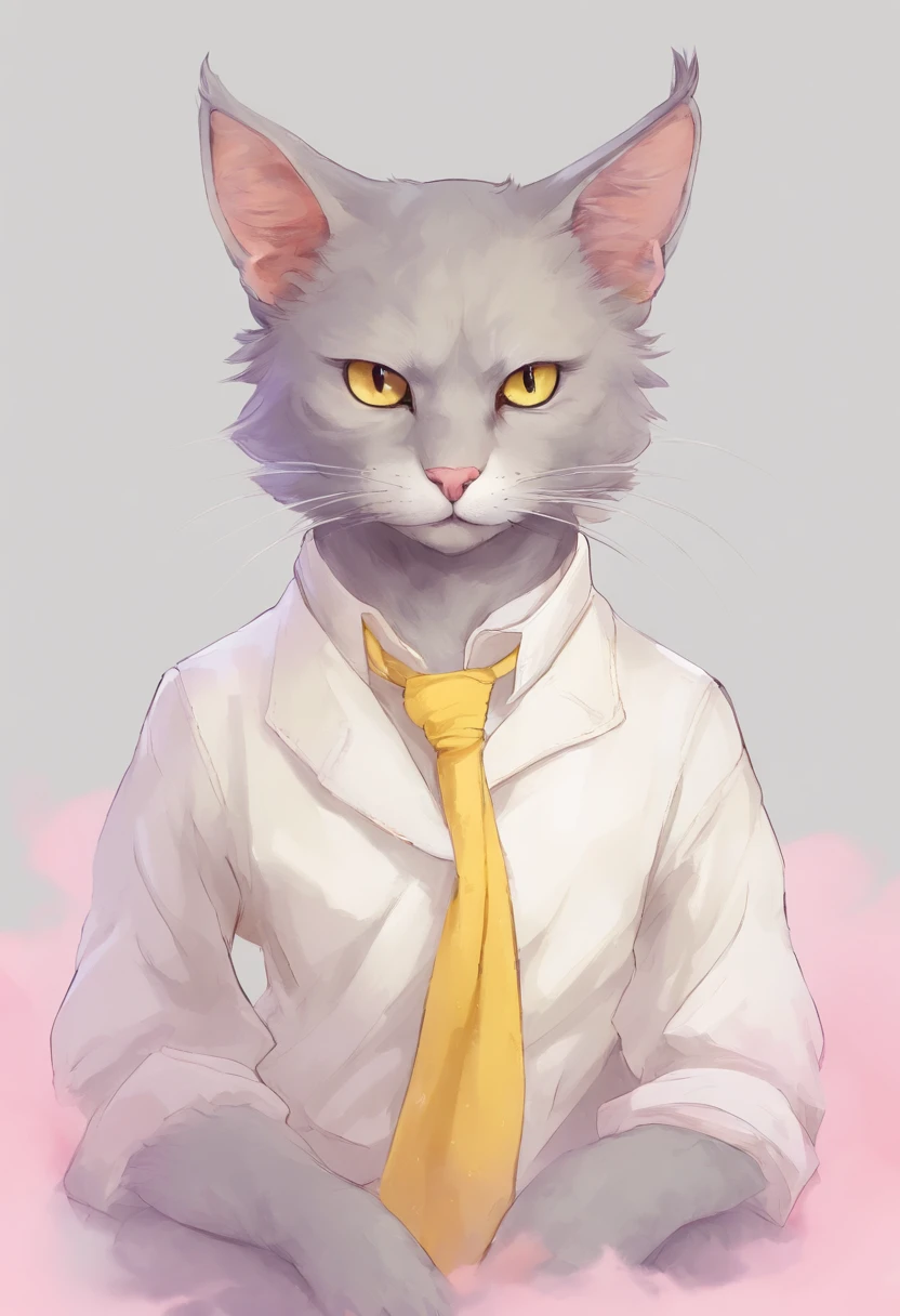 anthropomorphic cat, grey fur, yellow cat eyes, There are tears in the ears, Simple white shirt, pink paw pads, soft expression, Gentle smile, The human body is tall