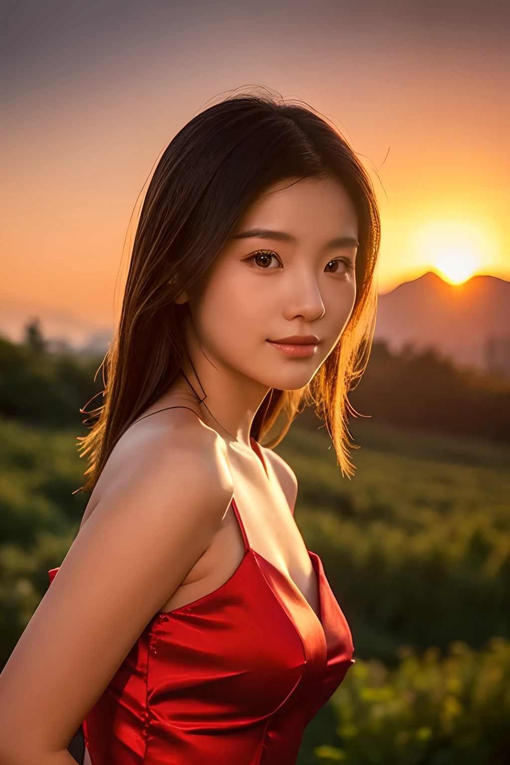 A 25-year-old woman, Short, Wear a red dress, Bust photo, The background is Mingsha Mountain, setting sun..