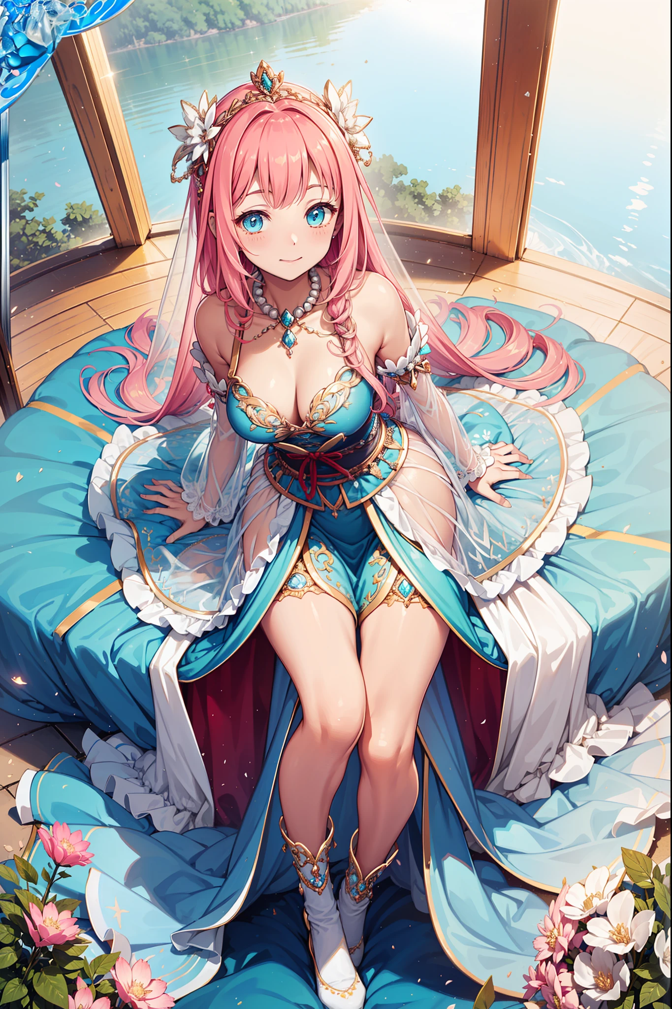 (Best quality, A high resolution, Textured skin, High quality, High details,Extremely detailed CG unity),teens girl,魅惑的,Temptation of the,Divine happiness,Being in love,(Light Victorian princess dress),Pink hair,eBlue eyes,Maximalism,Many delicate ruffles,Many delicate laces,Multi-colored cloth,Delicate embroidery,Delicate pattern,Complex and noble crown,exquisite costumes,((see-through transparent clothes)),Bedrooms,the night,glittery,(Dazzle:1.3),Movie lighting,the night,solo person,Fluttering skirt,Princess features,pearls,Broken diamonds,Crystal Shard,light particules,Oily material