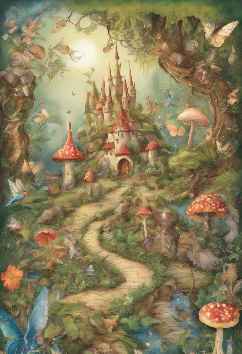 a magical scene of a fairy tale forest. include faires, forest creatures, flowers, willow trees, butterflies, birds, and mushroom houses