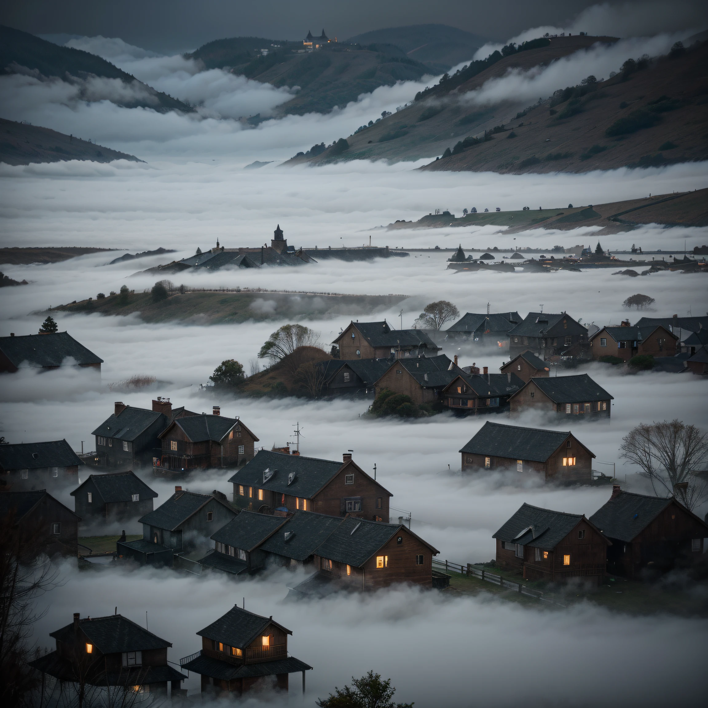 A mysterious foggy village in the horror genre