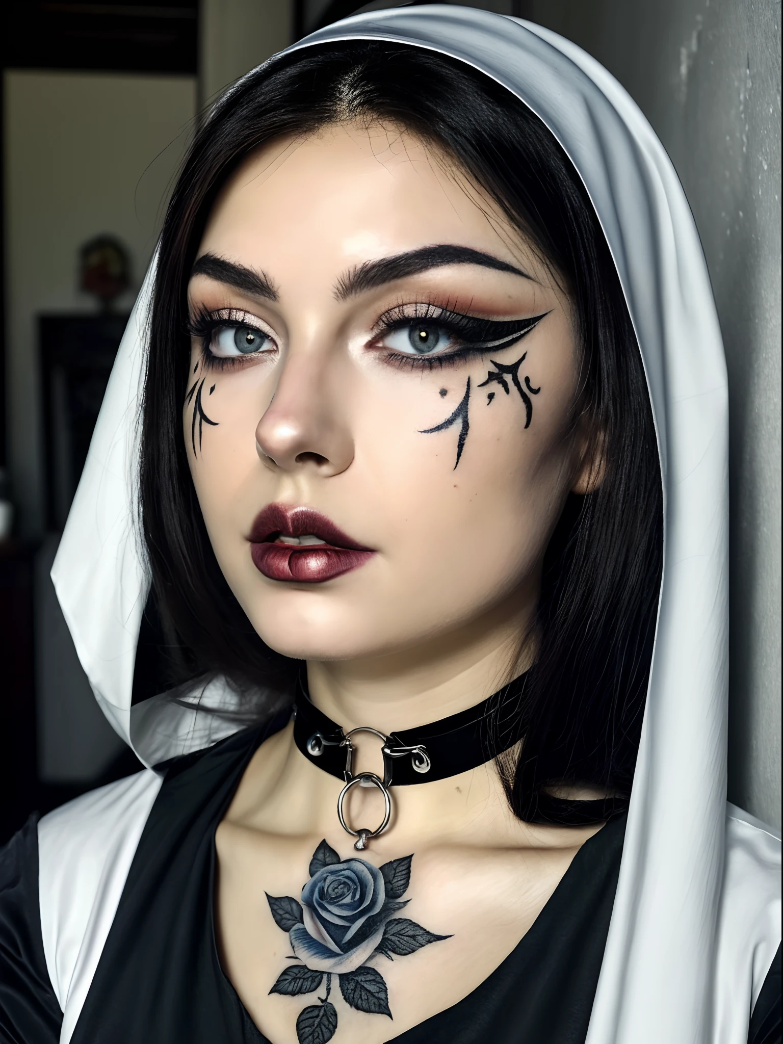 (close-up, photograph, 30 yo woman, nun) ( artistic makeup:1.2) (highly detailed face:1.4) (smirk:0.7)long whitr hair,dark themes,soothing tones,pastel colour,hight contrast,(Natural skin texture,ultra-realistic realism,the soft light,Sharp), nun, by Steve McCurry, canon m50, editorial photograph, f1.8 lens ,black choker ,hyper realistic ,lifelike texture, dramatic lighting , awardwinning photo,red rose,blue rose, Tattoo