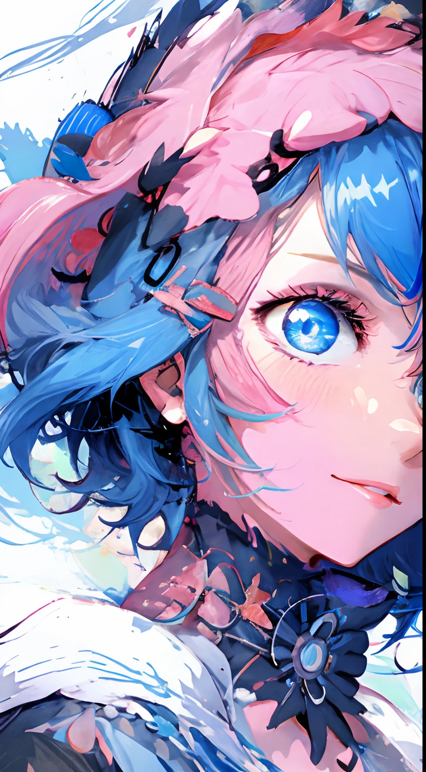 (masterpiece、、top-quality、top-quality、Watercolor art(Pendants)、Official art、Beautifully Aesthetic:1.2)、(1girl in:1.3)、(Fractal Art:1.3)、full body Esbian、star-shaped pupils、、patterns、(((Center division、colourful hair、Half blue and half pink hair:1.8)))、(student clothes)、colourfull、eye glasses、Writing、heterochromia iridis、(colourfull:1.5)、((rainbow skies))、suns、(Shy face)(a closeup:1.2)