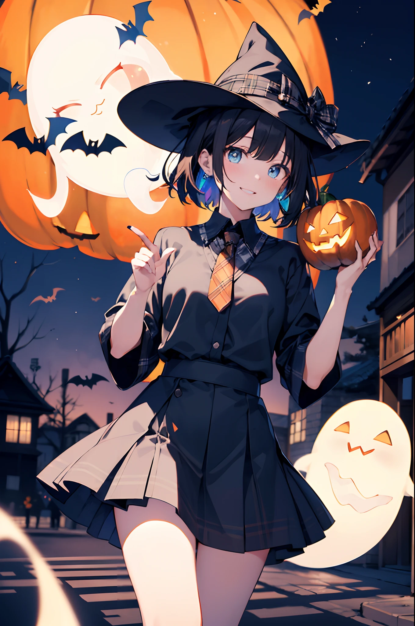 (top-quality、in 8K、32K、masterpiece、nffsw、超A high resolution、Impresionismo、Photorealsitic:1.2)、cowboy shot、foco nítido、detailed faces and eyes、(Tokyo at night、Halloween Decorations、The ghost is flying、Ghost pumpkin、Very colorful、Vivid Color:1.2)、(Very colorful night sky、Colorful ghosts flying in the sky)、Sharp pupils、Realistic pupils、beauitful face、blurry backround、18 year old beautiful girl、shinny skin、Bery short hair、Beautiful dark brown hair、Blunt bangs、Dark blue eyes、Wizard Hat、cloaks、Shirt、Halloween tie、Plaid miniskirt、Black socks、(Holding a skirt in your right hand、Lifting skirt:1.3)、(Raise your left arm)、(Happy expression on face:1.2)、dynamicposes