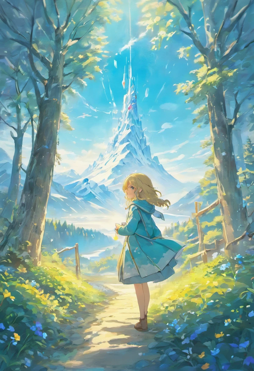 A girl in a garden,illustration,glacial landscape,snow-capped mountains,crystalline ice formations,giant icebergs,floating glaciers,icy blue hues,(best quality,4k,8k,highres,masterpiece:1.2),ultra-detailed,realistic:1.37,brushstrokes,subtle textures,dreamlike atmosphere,vivid colors,soft sunlight filtering through the trees,impressionistic scenery,floating hot air balloons,filled with vibrant patterns and colors,uplifting and whimsical,adding a touch of surrealism,creating a sense of wonder and adventure,juxtaposition of nature's beauty and human-made creations.